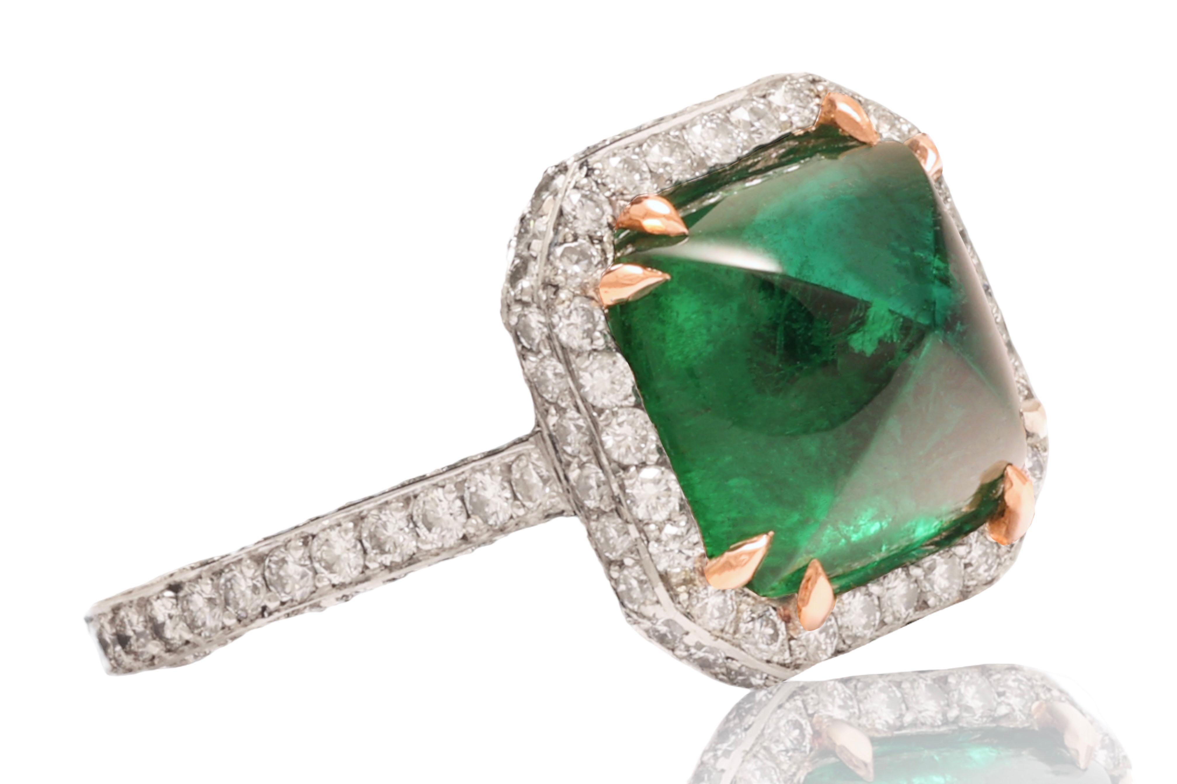 Artisan Platinum Bez Ambar Sugarloaf Cabochon 6 Ct Intense Green Emerald & Diamond Ring For Sale