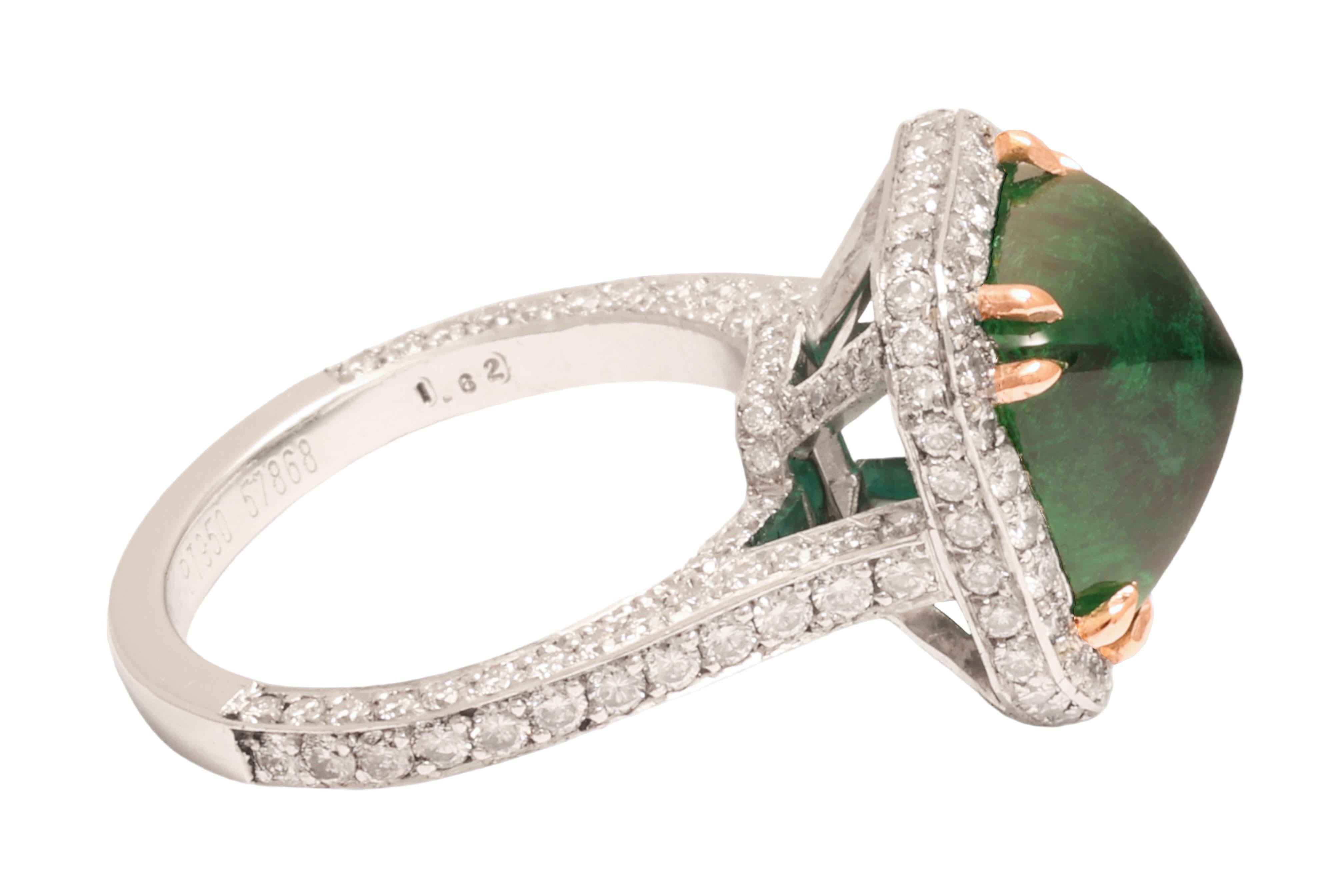 Emerald Cut Platinum Bez Ambar Sugarloaf Cabochon 6 Ct Intense Green Emerald & Diamond Ring For Sale