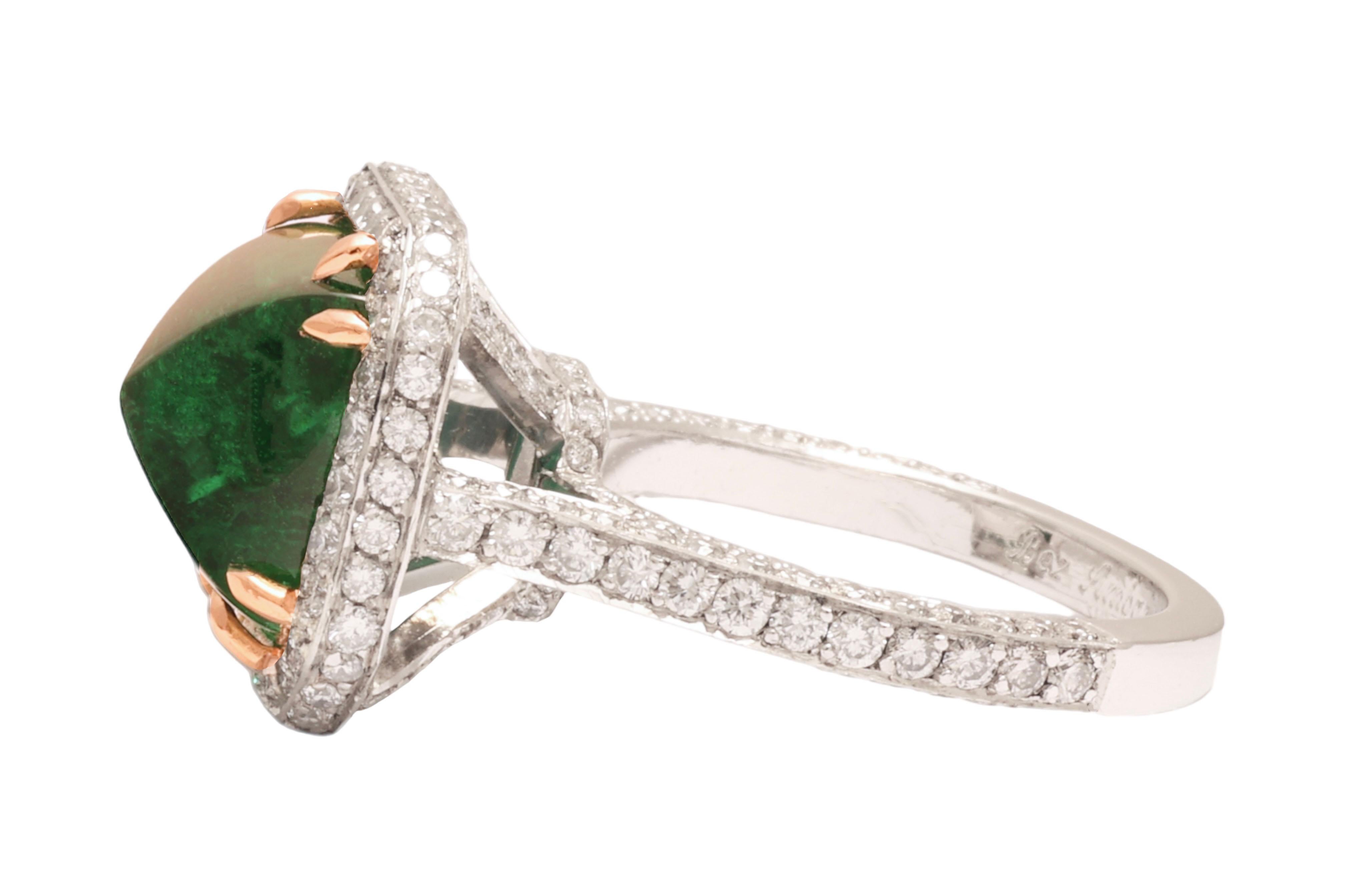 Women's or Men's Platinum Bez Ambar Sugarloaf Cabochon 6 Ct Intense Green Emerald & Diamond Ring For Sale