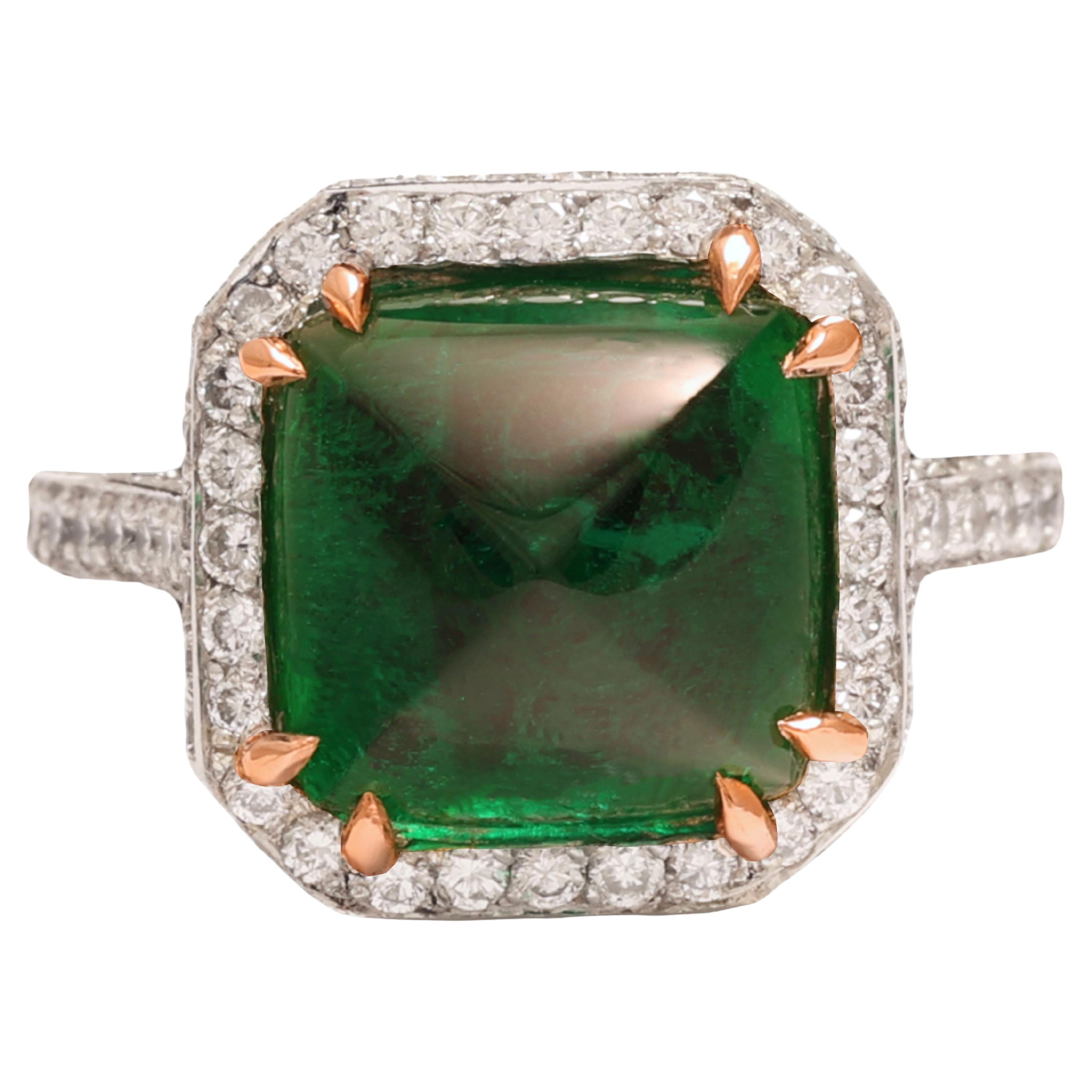 Platinum Bez Ambar Sugarloaf Cabochon 6 Ct Intense Green Emerald & Diamond Ring For Sale