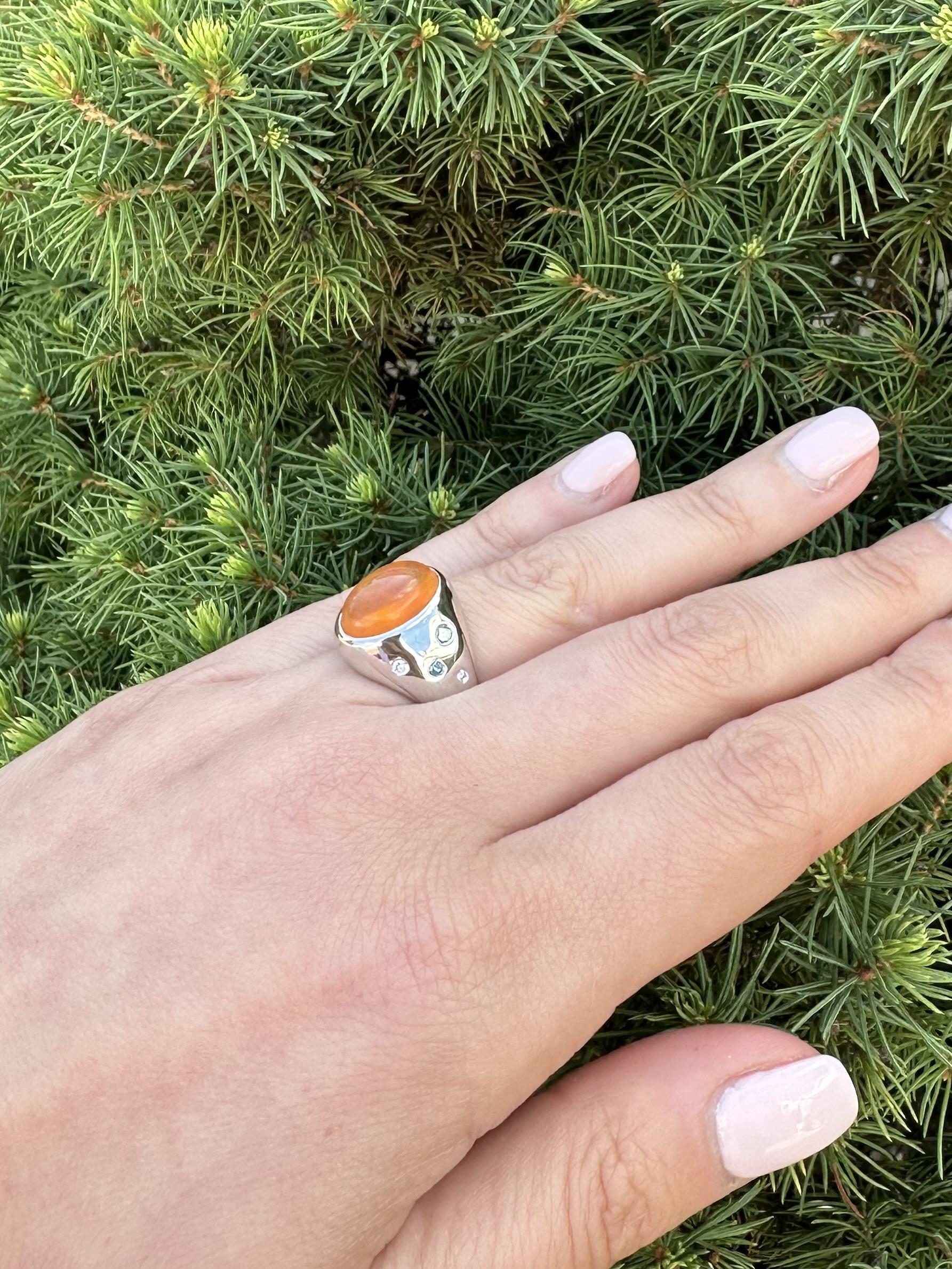 Platinum Bezel Orange Fire Jelly Opal White & Blue Diamond Wide Heavy Band Ring For Sale 5