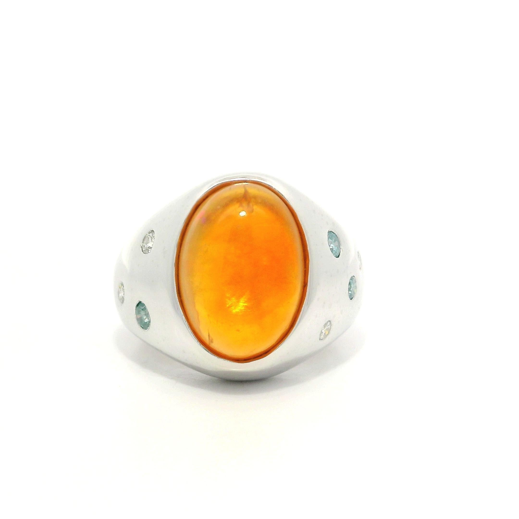 Platinum Bezel Orange Fire Jelly Opal White & Blue Diamond Wide Heavy Band Ring For Sale 6