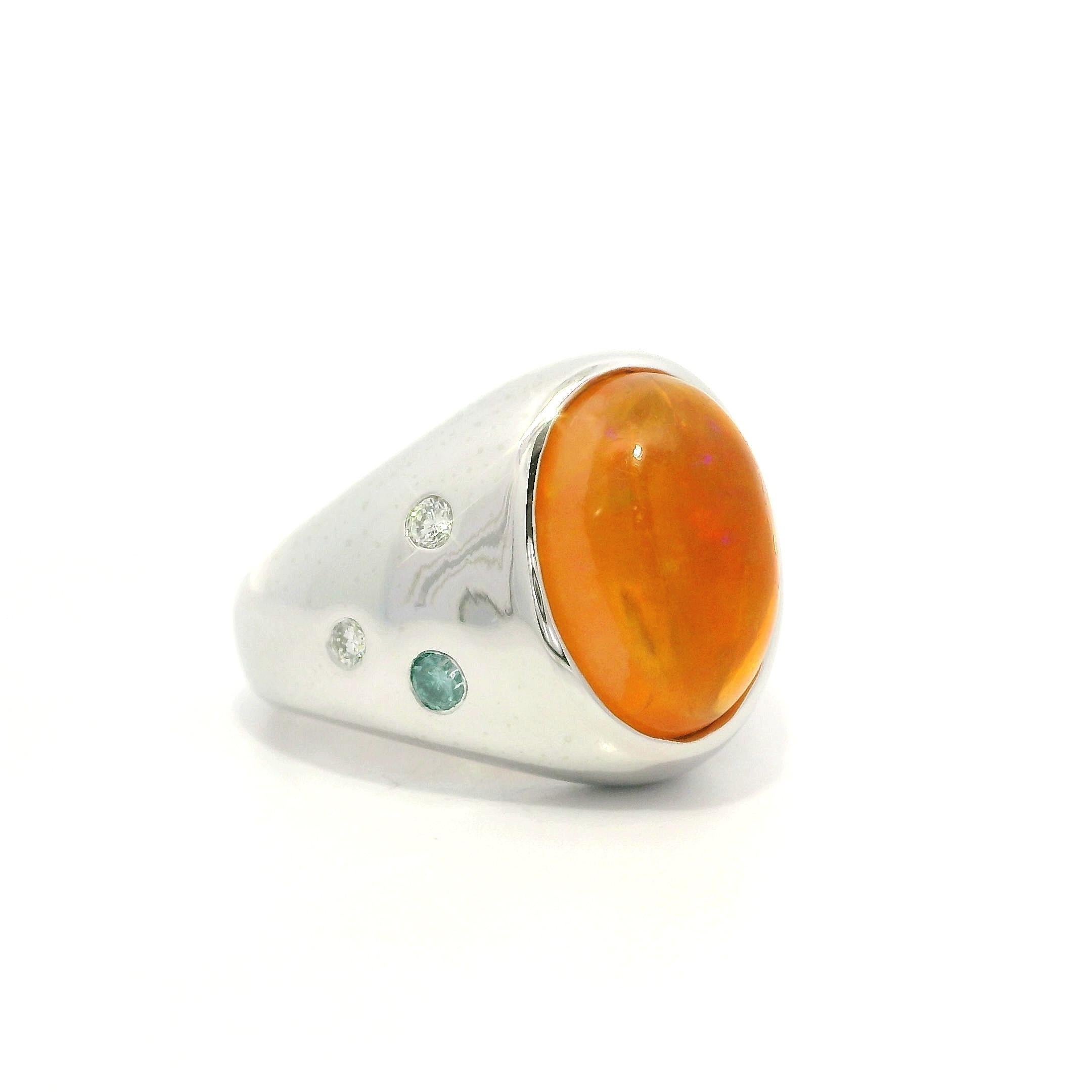 Platinum Bezel Orange Fire Jelly Opal White & Blue Diamond Wide Heavy Band Ring For Sale 7