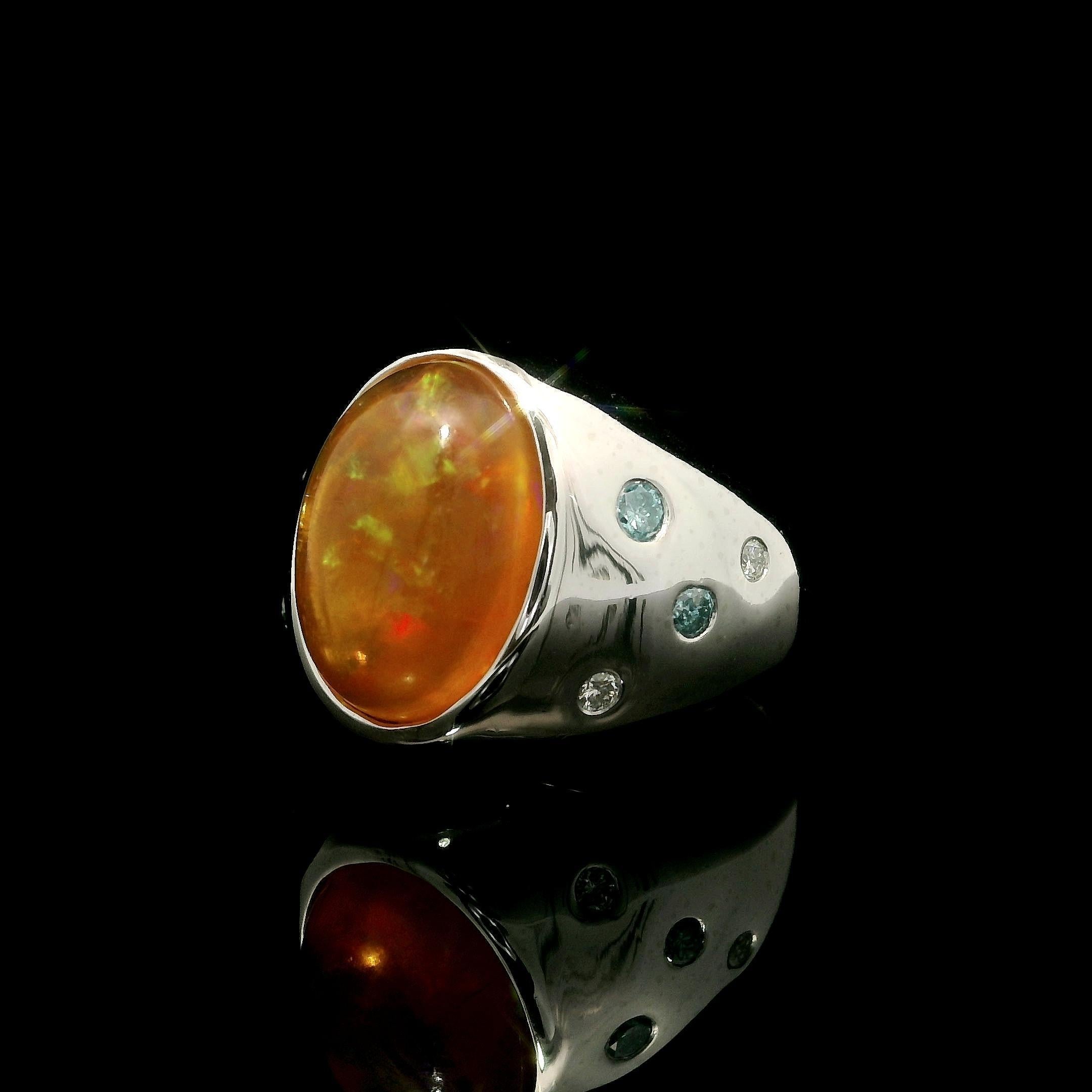 Cabochon Platinum Bezel Orange Fire Jelly Opal White & Blue Diamond Wide Heavy Band Ring For Sale