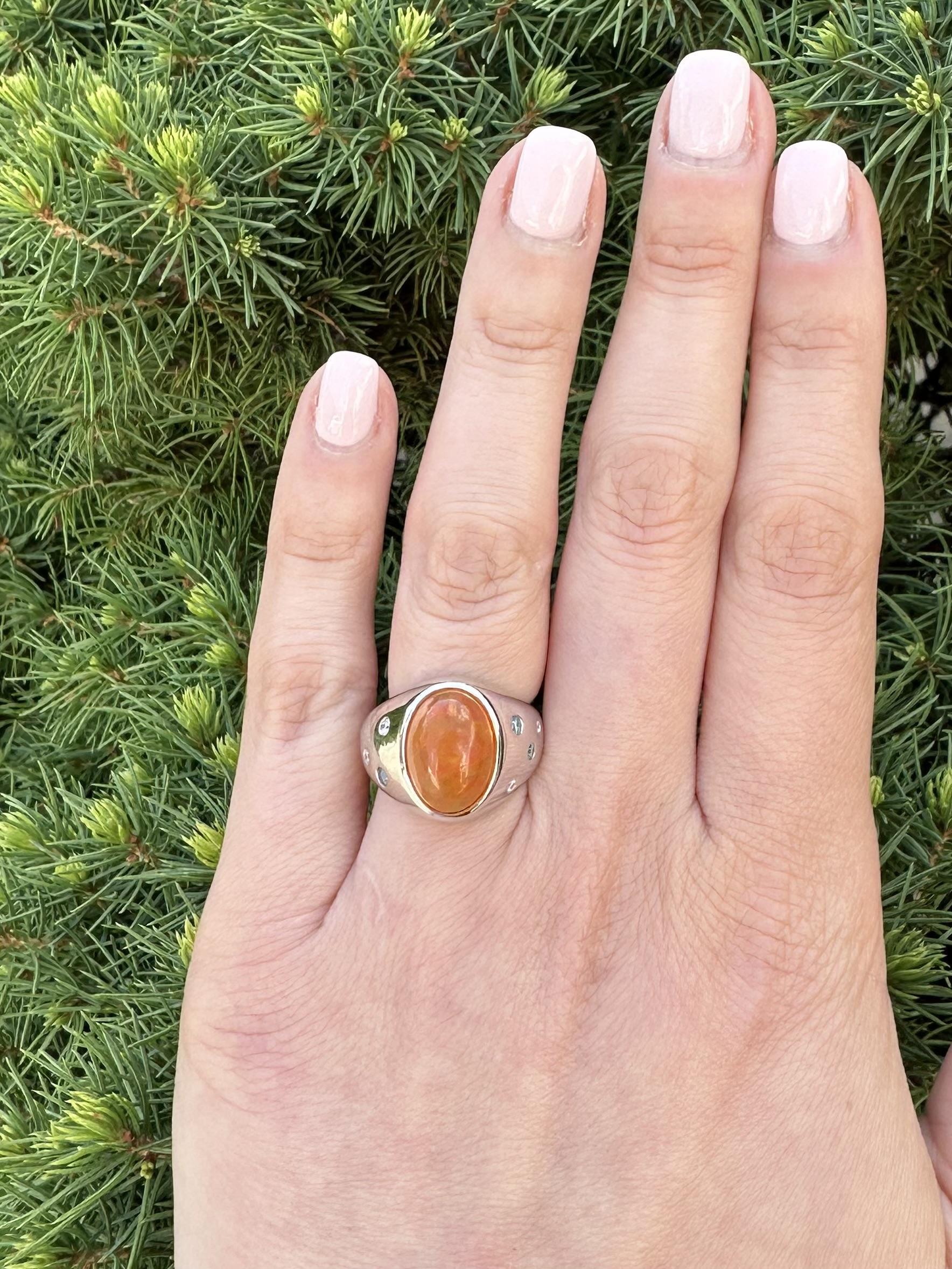 Platinum Bezel Orange Fire Jelly Opal White & Blue Diamond Wide Heavy Band Ring In Excellent Condition For Sale In Montclair, NJ