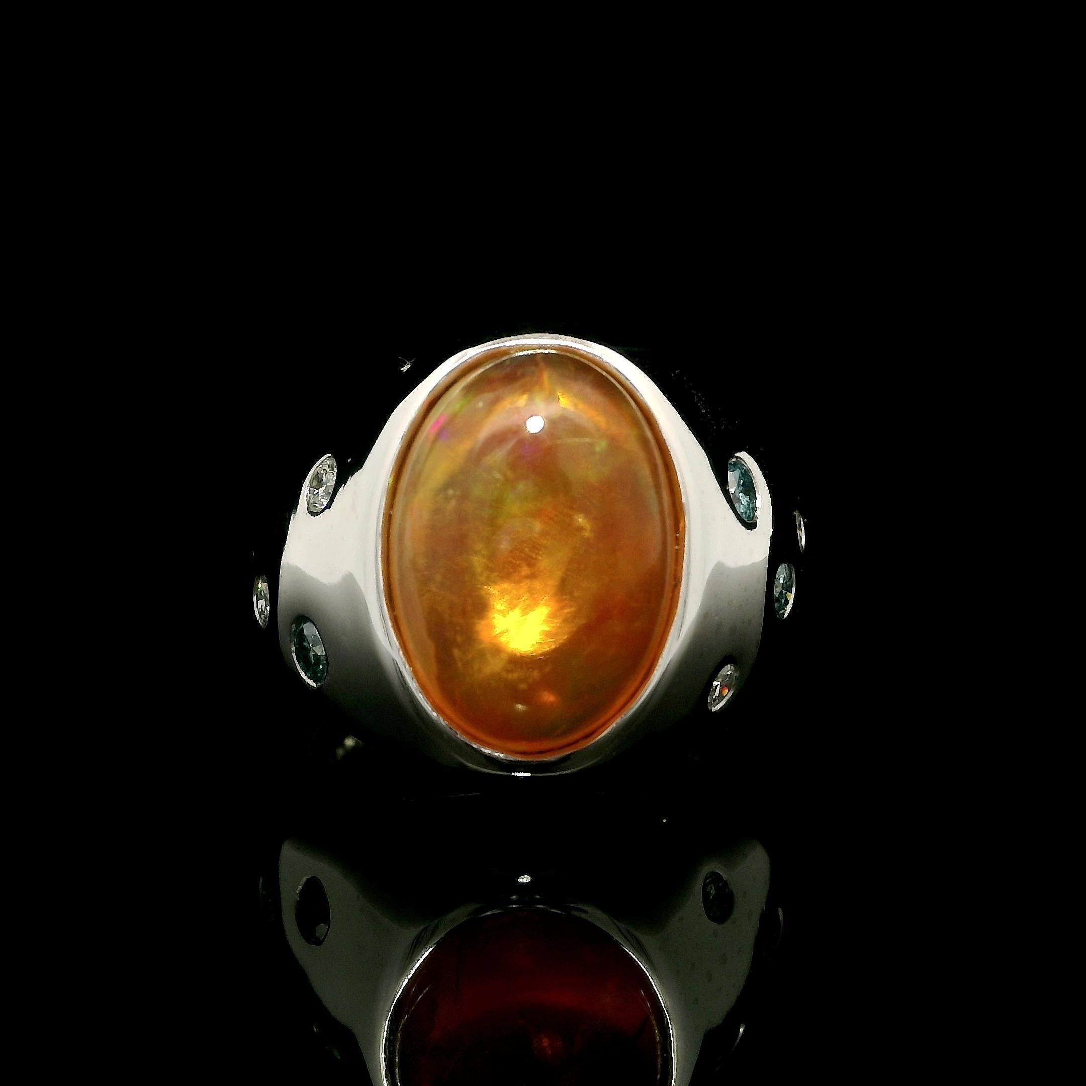 Platinum Bezel Orange Fire Jelly Opal White & Blue Diamond Wide Heavy Band Ring For Sale 2