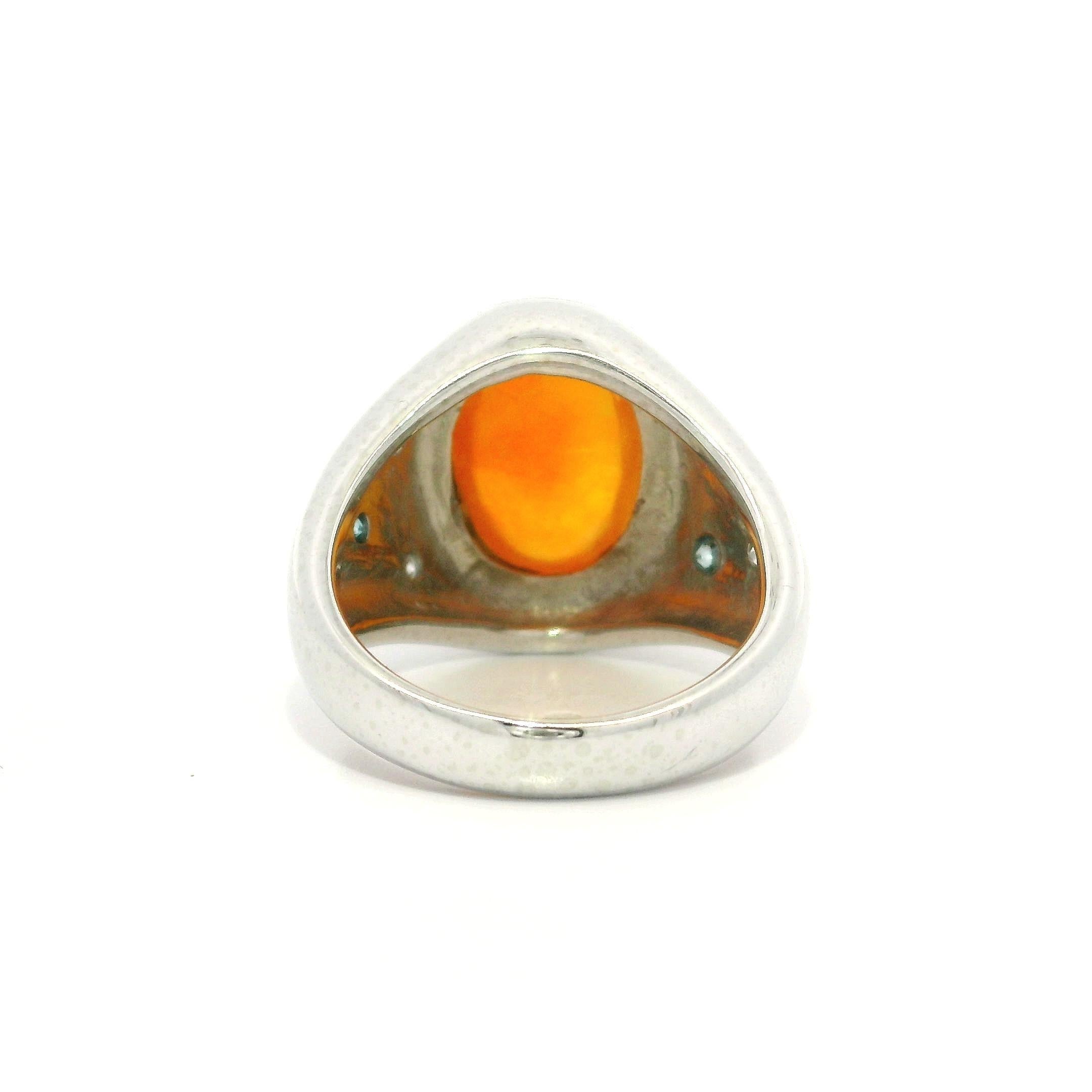 Platinum Bezel Orange Fire Jelly Opal White & Blue Diamond Wide Heavy Band Ring For Sale 4