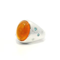 Platinum Bezel Orange Fire Jelly Opal White & Blue Diamond Wide Heavy Band Ring
