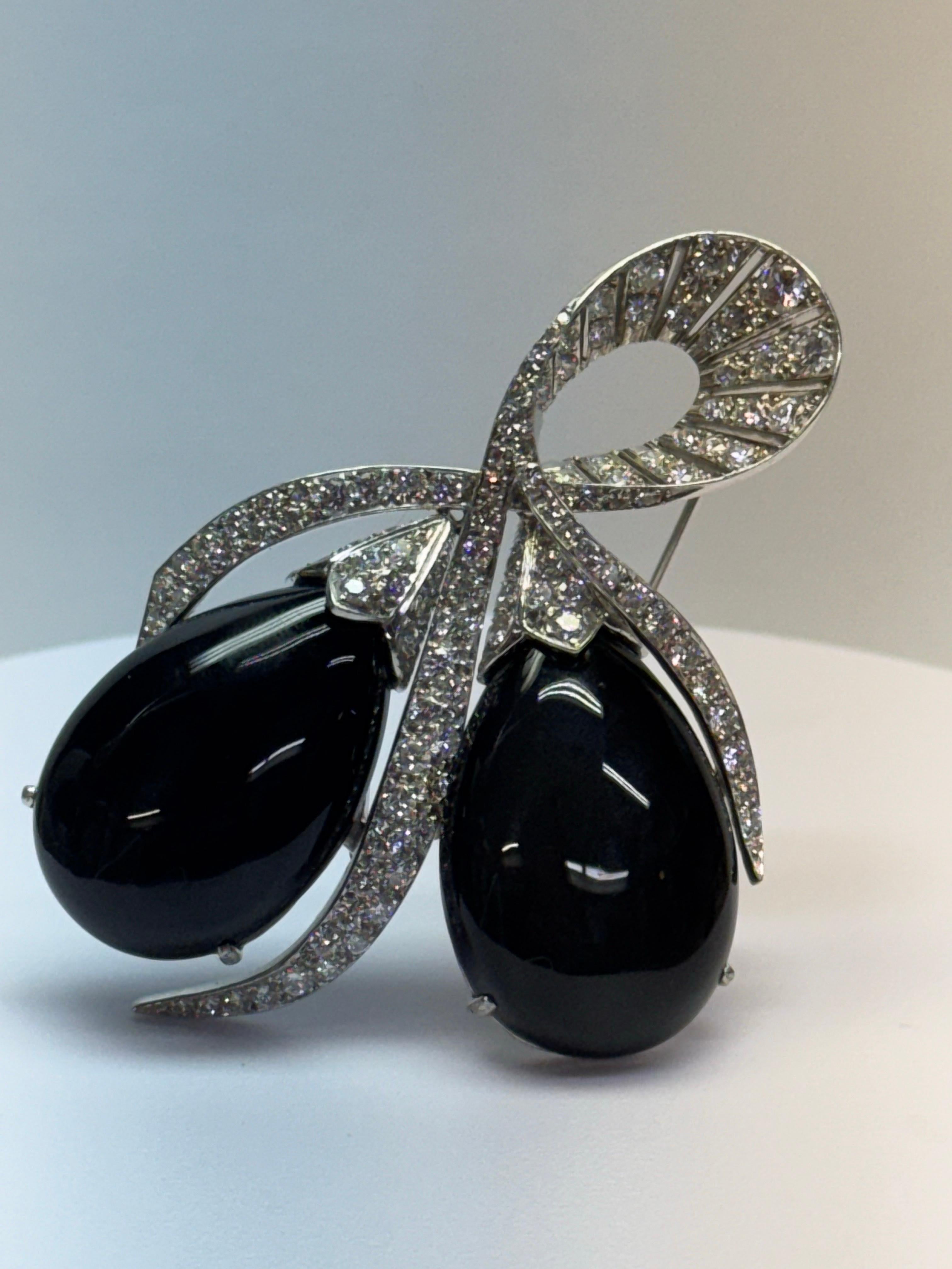Platinum Black Onyx and Diamond Brooch