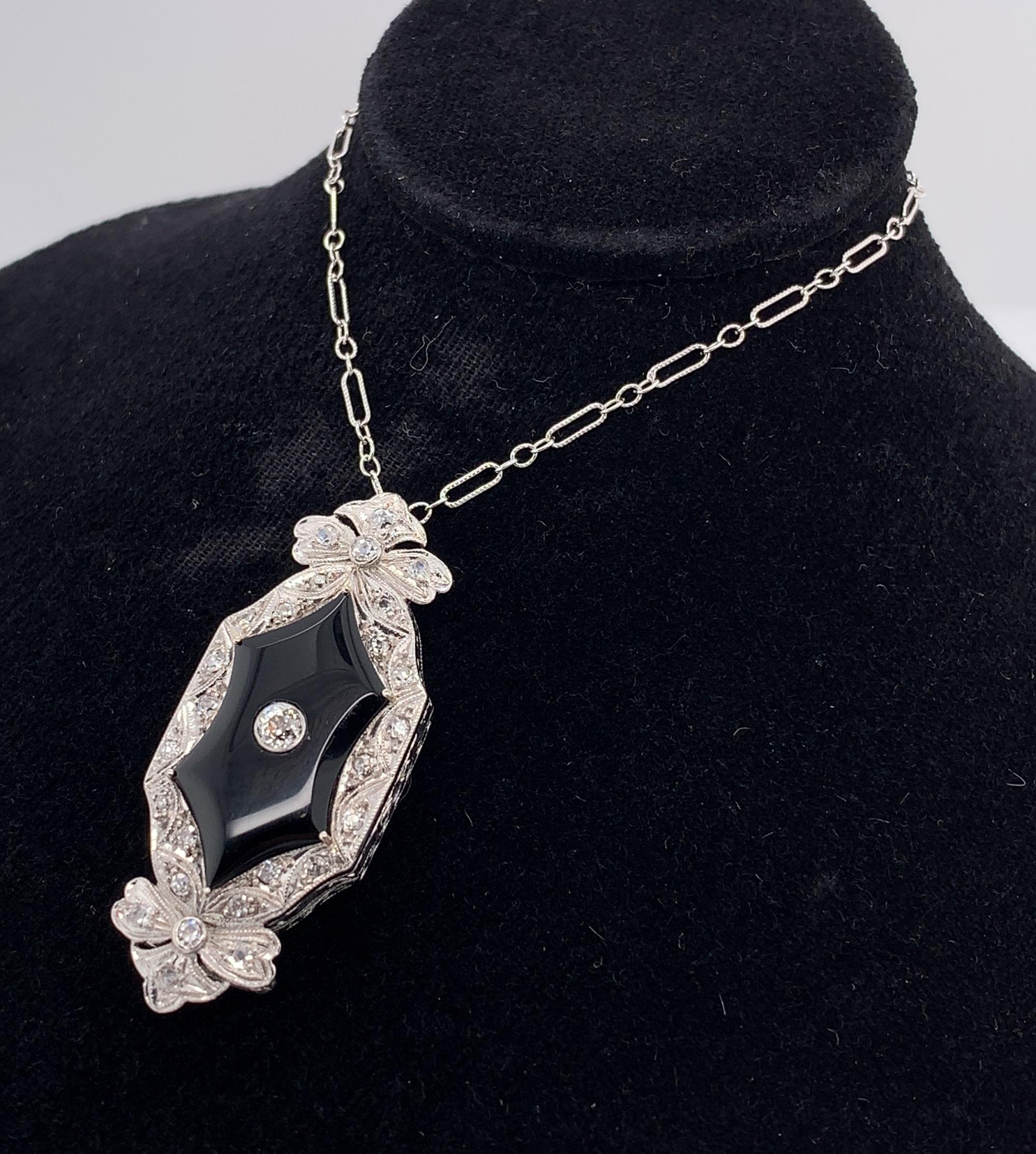 Platinum Black Onyx & Diamond Pendant For Sale 4