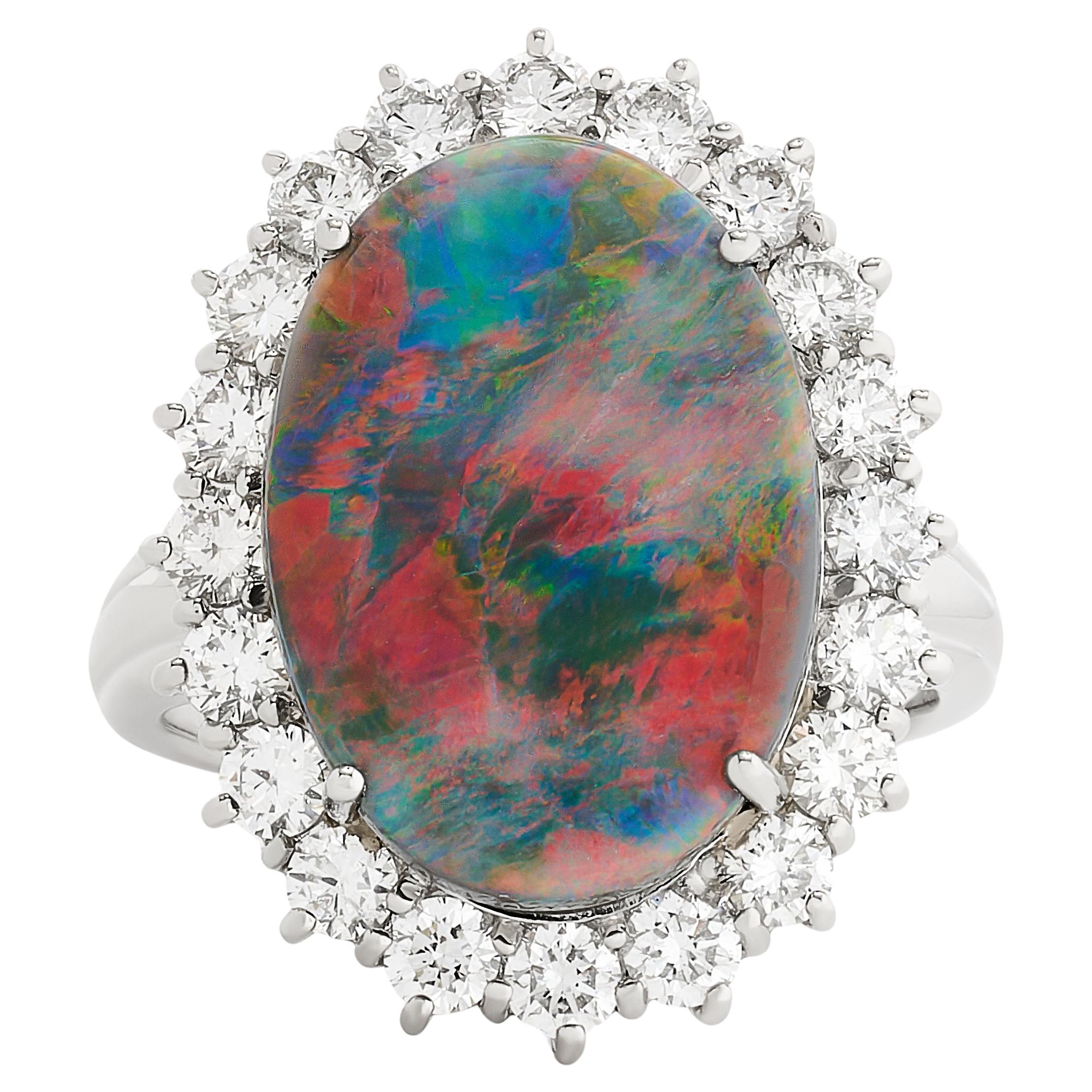 Platinum Black Opal and Diamond Halo Ring For Sale