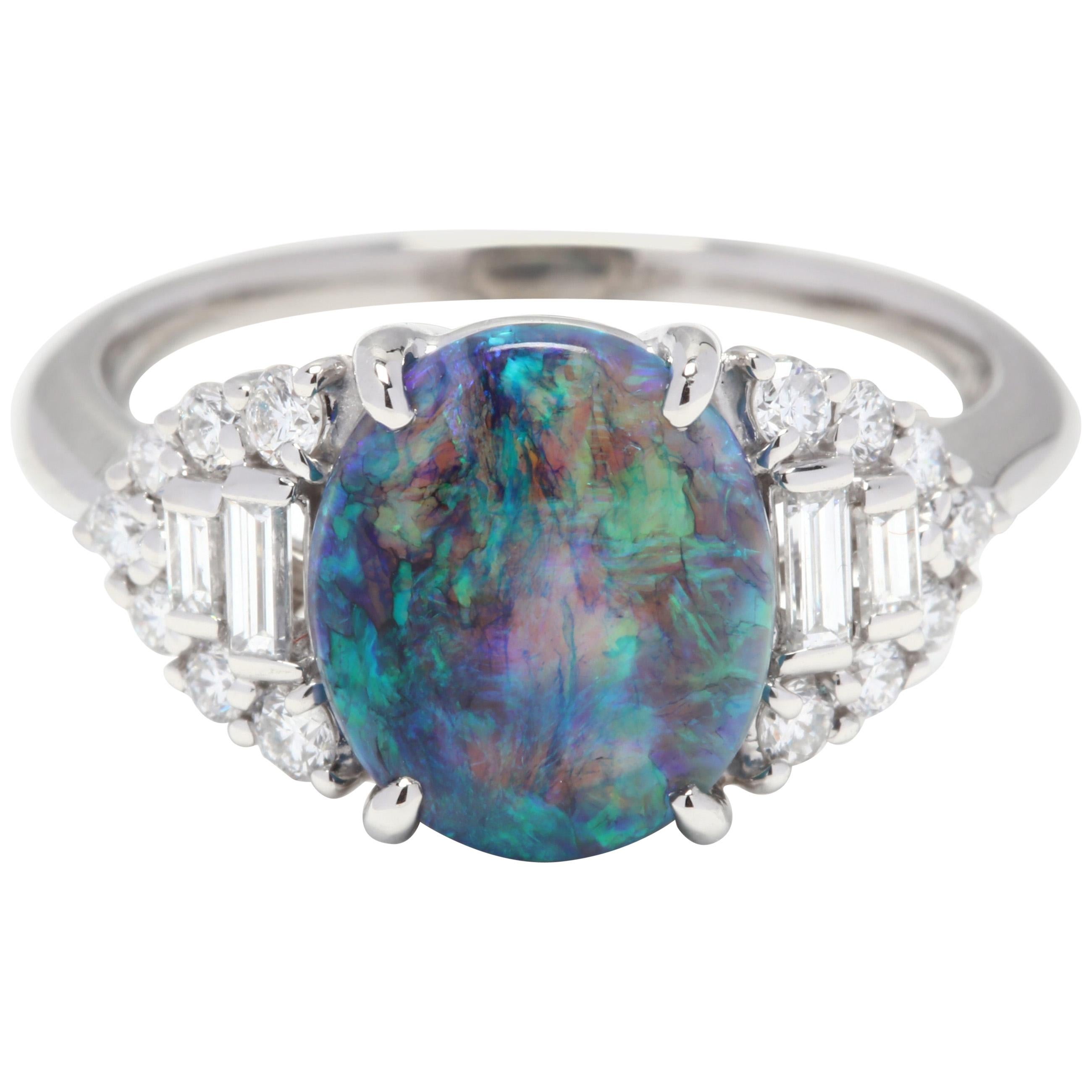 Platinum, Black Opal and Diamond Statement Ring, October Birthstone