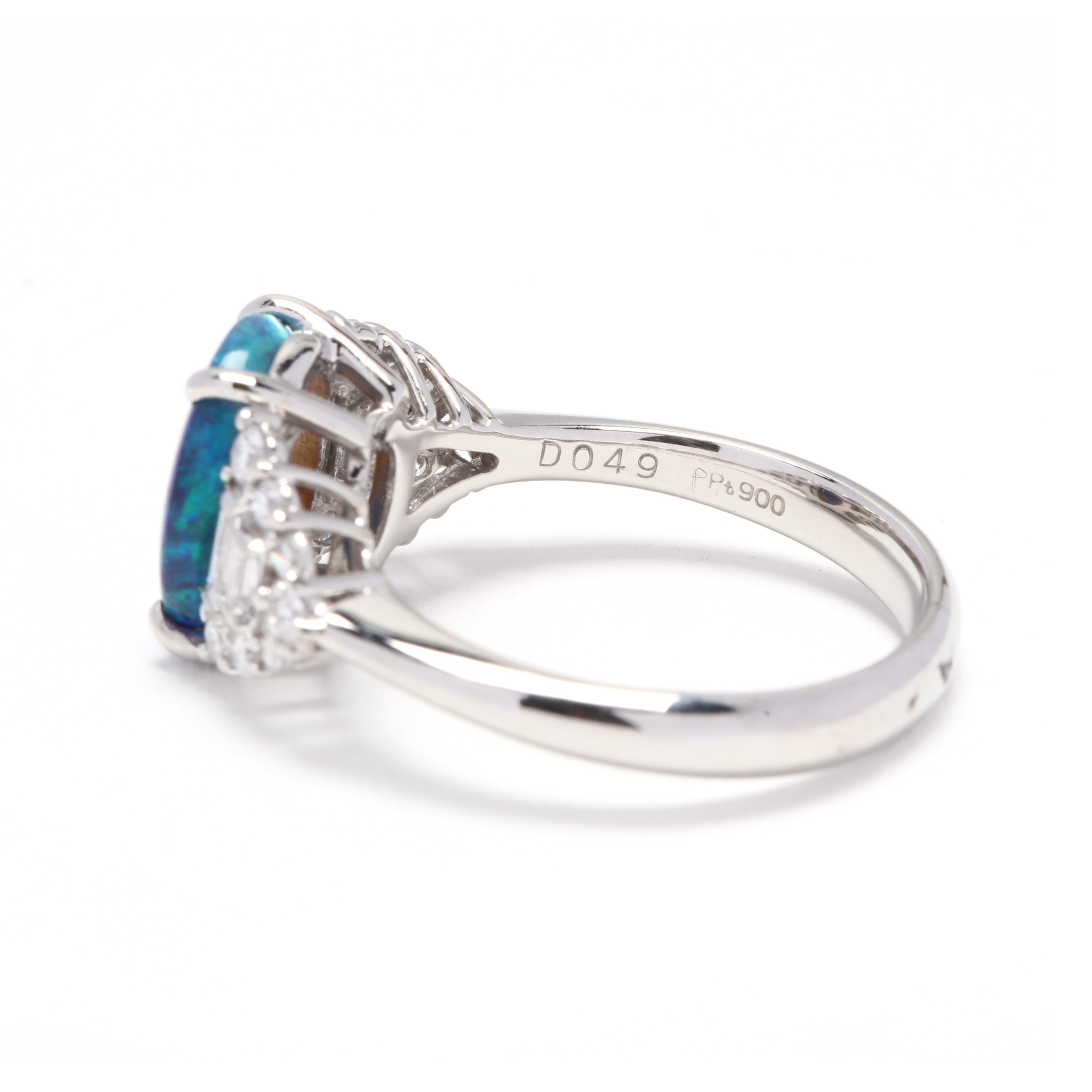 Oval Cut Platinum, Black Opal and Diamond Statement Ring, October Birthstone