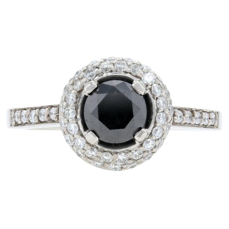 For Sale:  Platinum Black & White Diamond Halo Ring, 950 Round Cut 1.89ctw Engagement