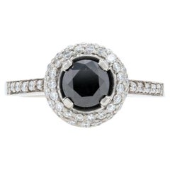 Bague de fiançailles halo en platine avec diamants noirs et blancs, taille ronde 950, 1,89 ctw