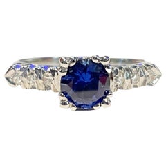 Platinum Blue Natural Sapphire & Diamond Knife Edge Solitaire Engagement Ring