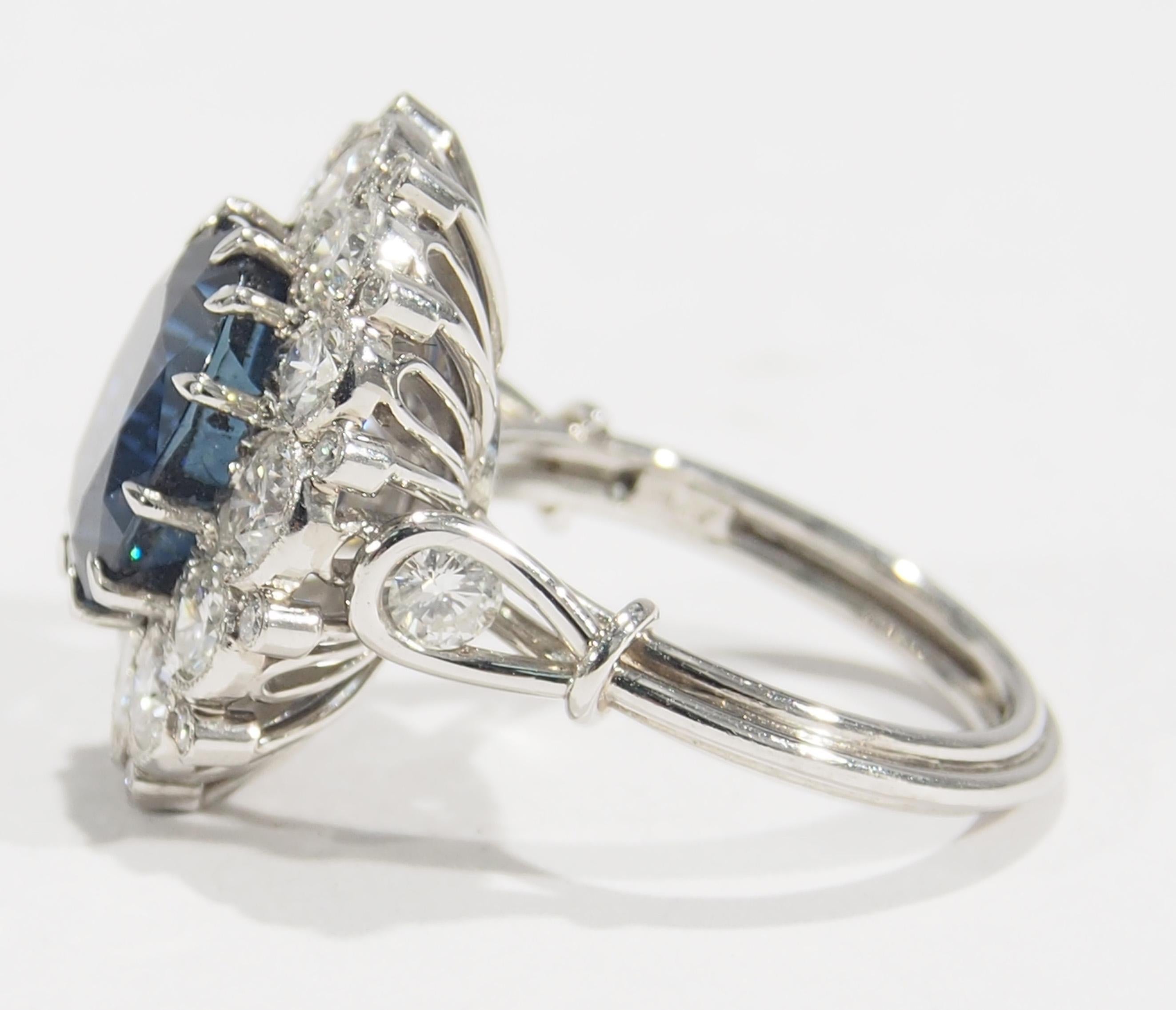Modern Platinum Blue Sapphire 7.05 Carat Halo Ring Diamond 9.45 Carat