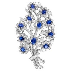 Platinum Blue Sapphire and 12.00 Cttw Diamond Floral Bouquet Brooch Pin