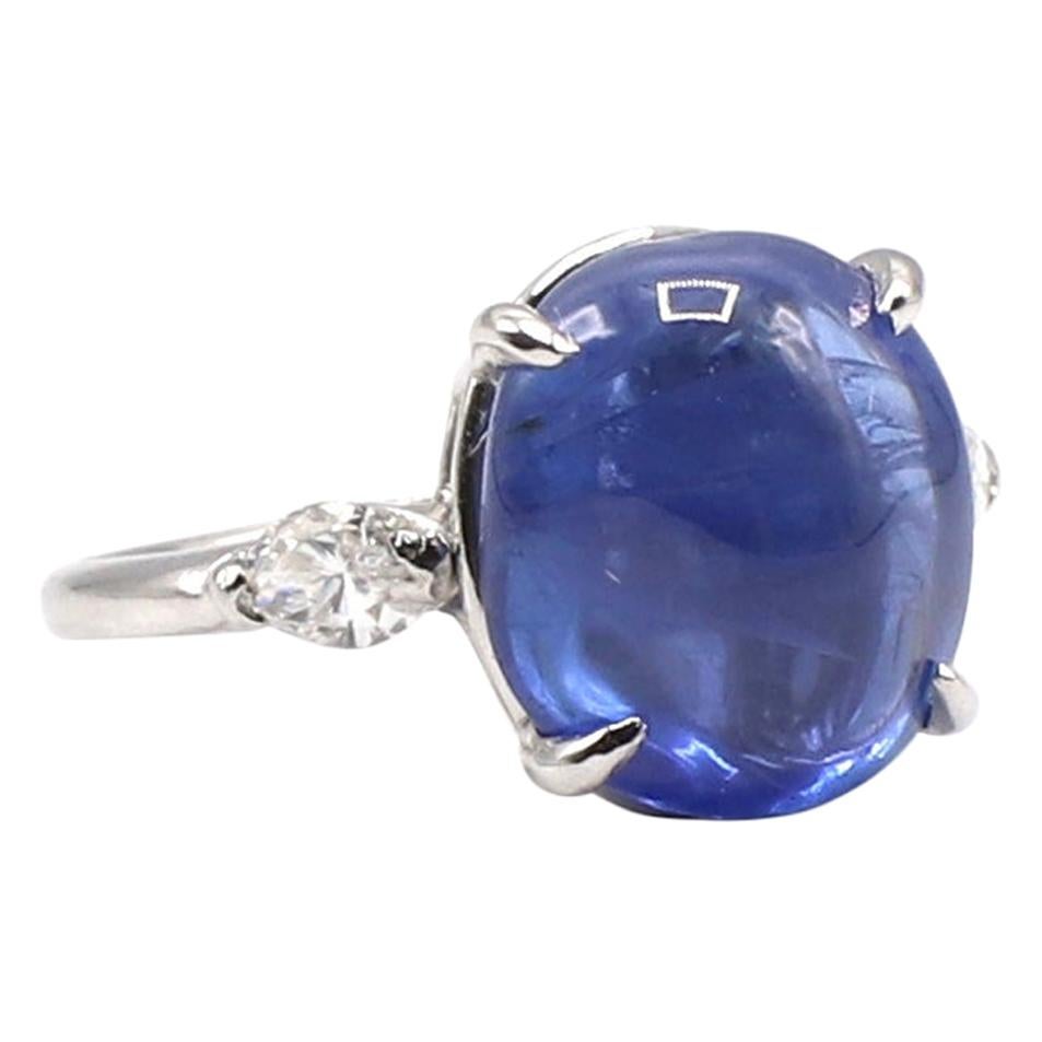 Platinum Blue Sapphire Cabochon and Diamond Dome Cocktail Ring