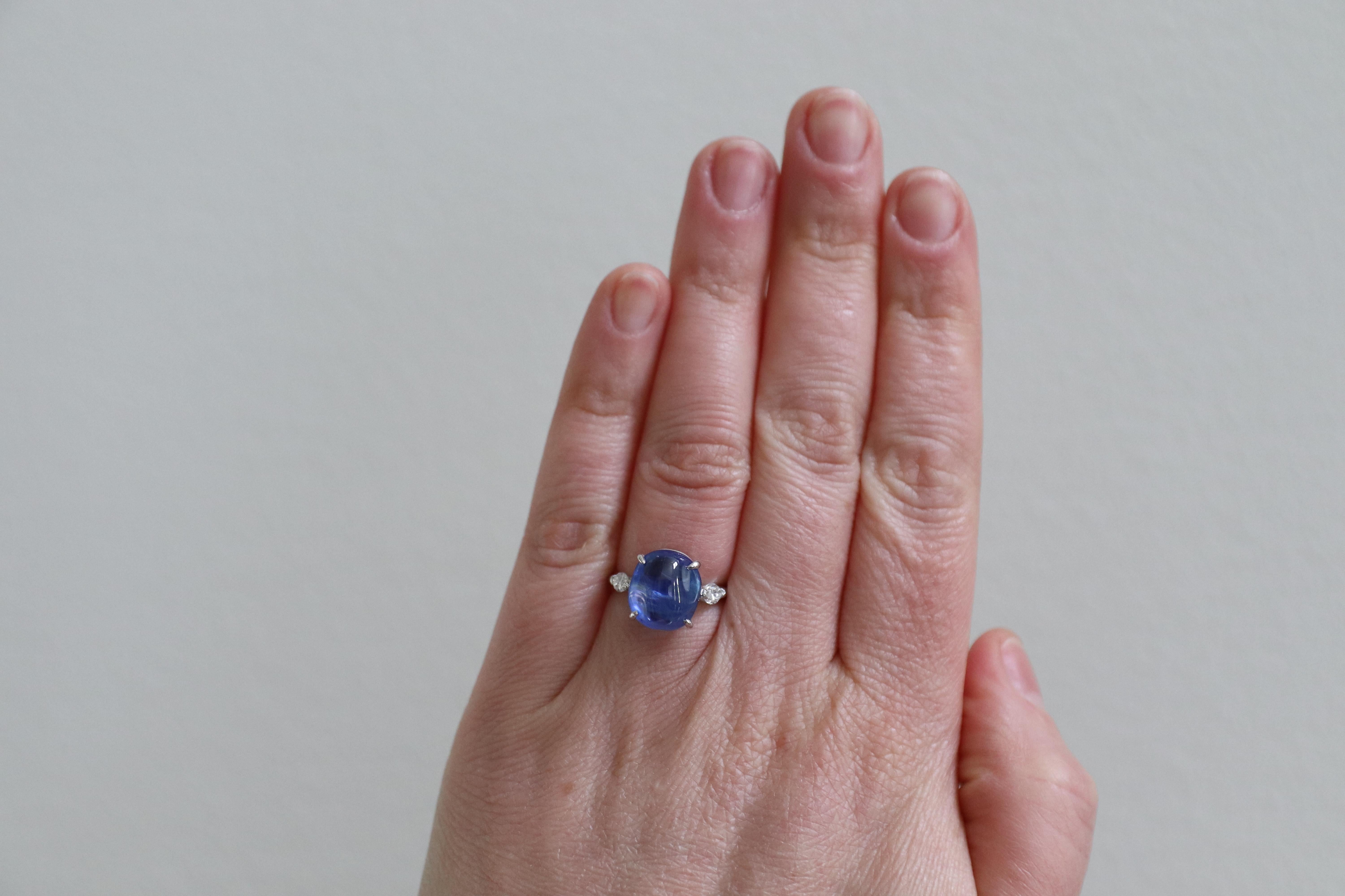 Platinum Blue Sapphire Cabochon and Diamond Dome Cocktail Ring 5