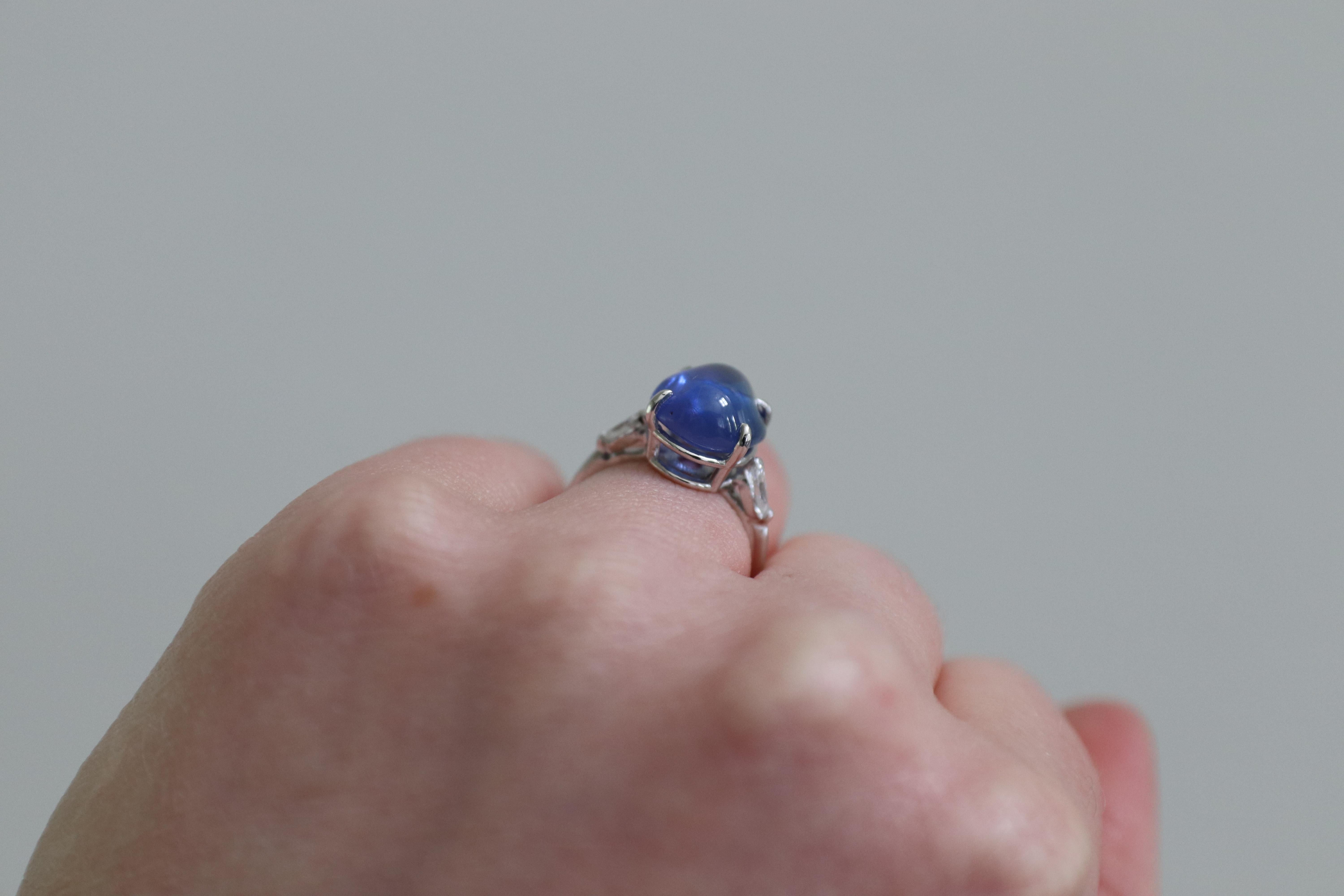 Platinum Blue Sapphire Cabochon and Diamond Dome Cocktail Ring 6