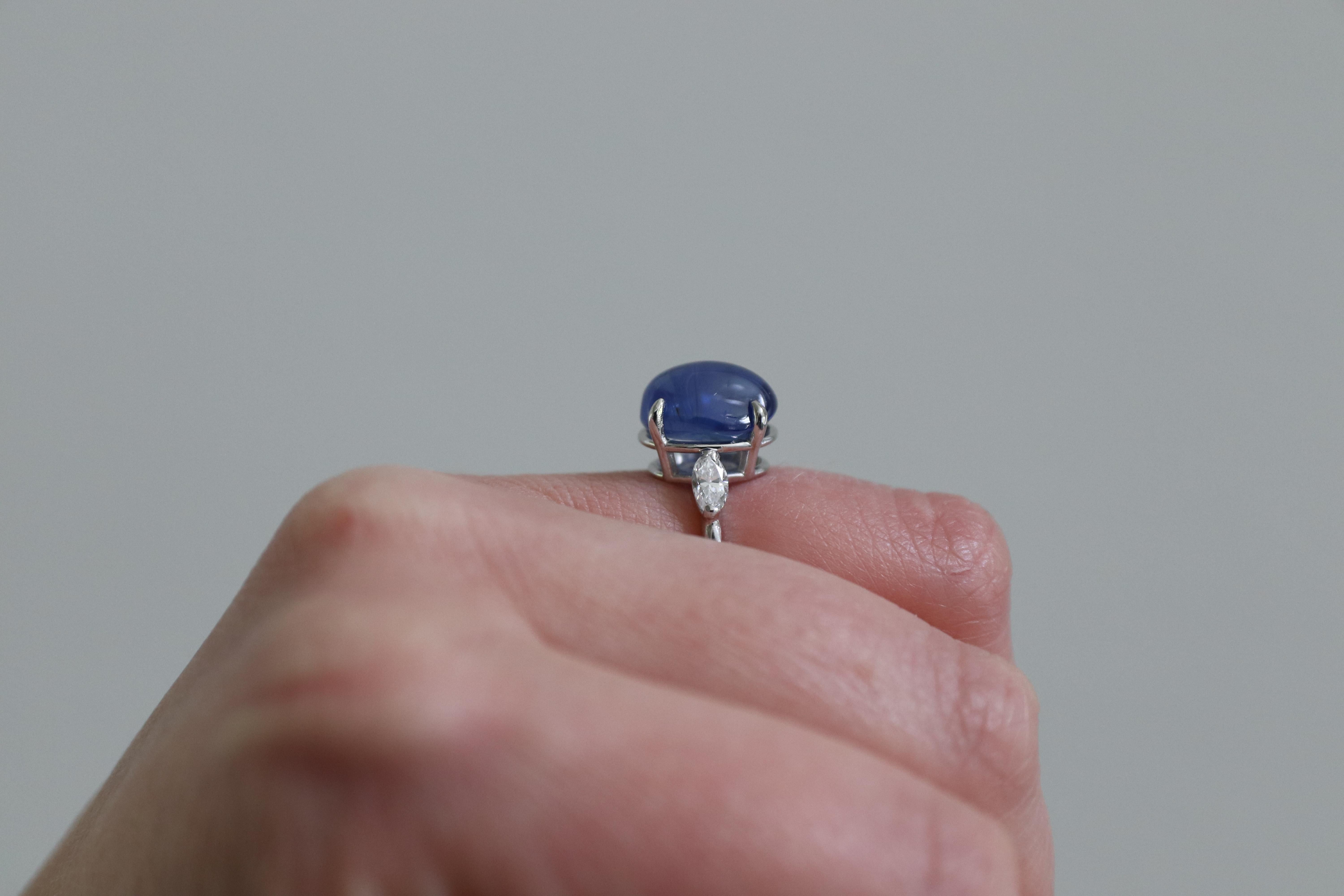 Platinum Blue Sapphire Cabochon and Diamond Dome Cocktail Ring 7