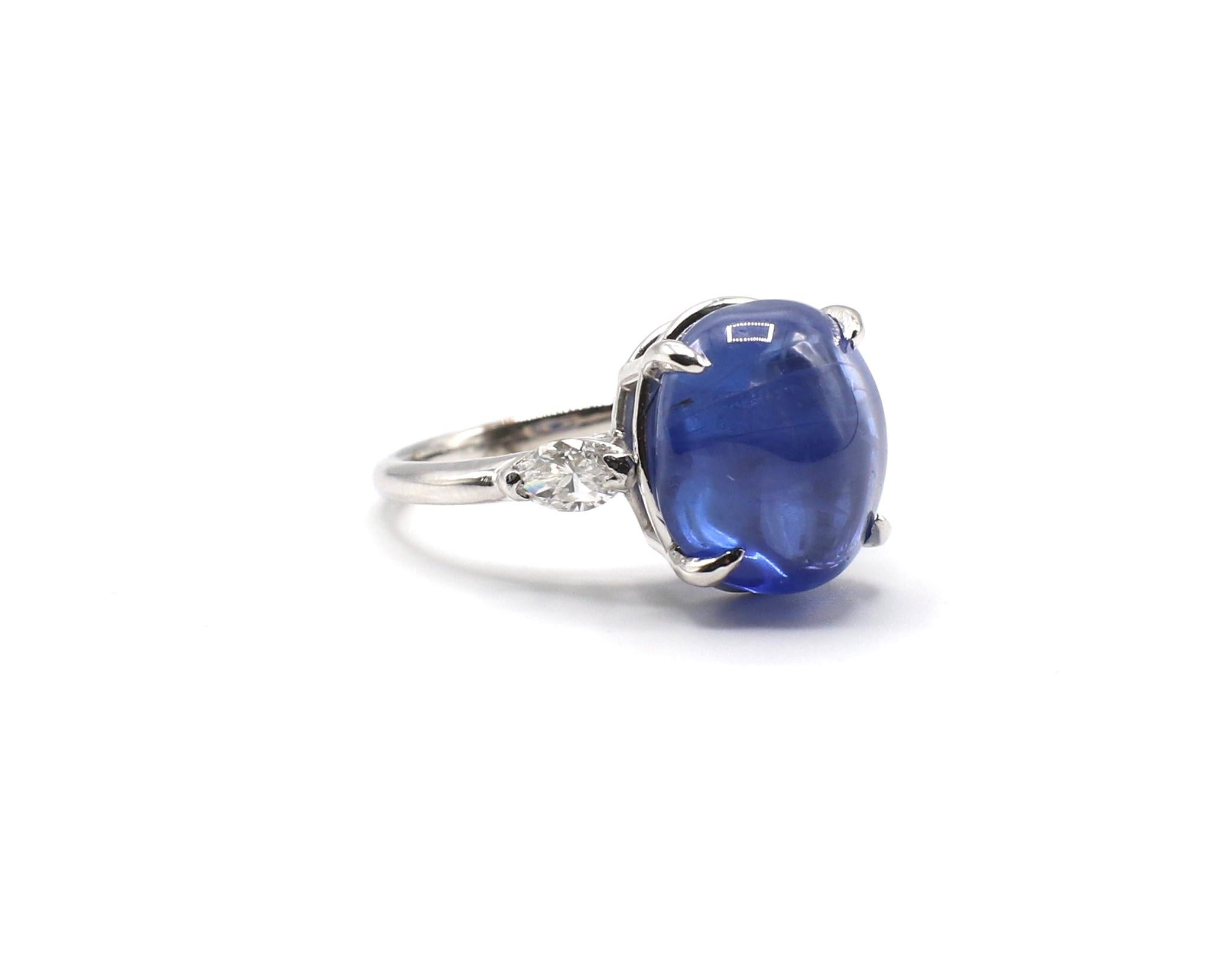 Sugarloaf Cabochon Platinum Blue Sapphire Cabochon and Diamond Dome Cocktail Ring