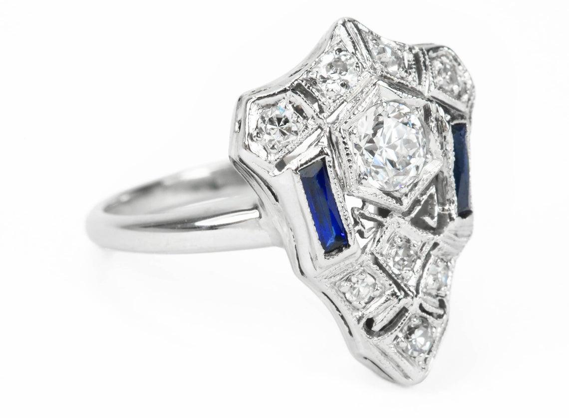 Women's Platinum Blue Sapphire & Diamond Art Deco Ring For Sale