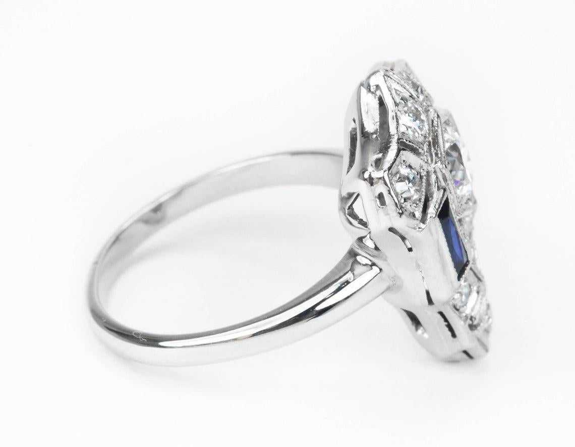 Platinum Blue Sapphire & Diamond Art Deco Ring For Sale 2