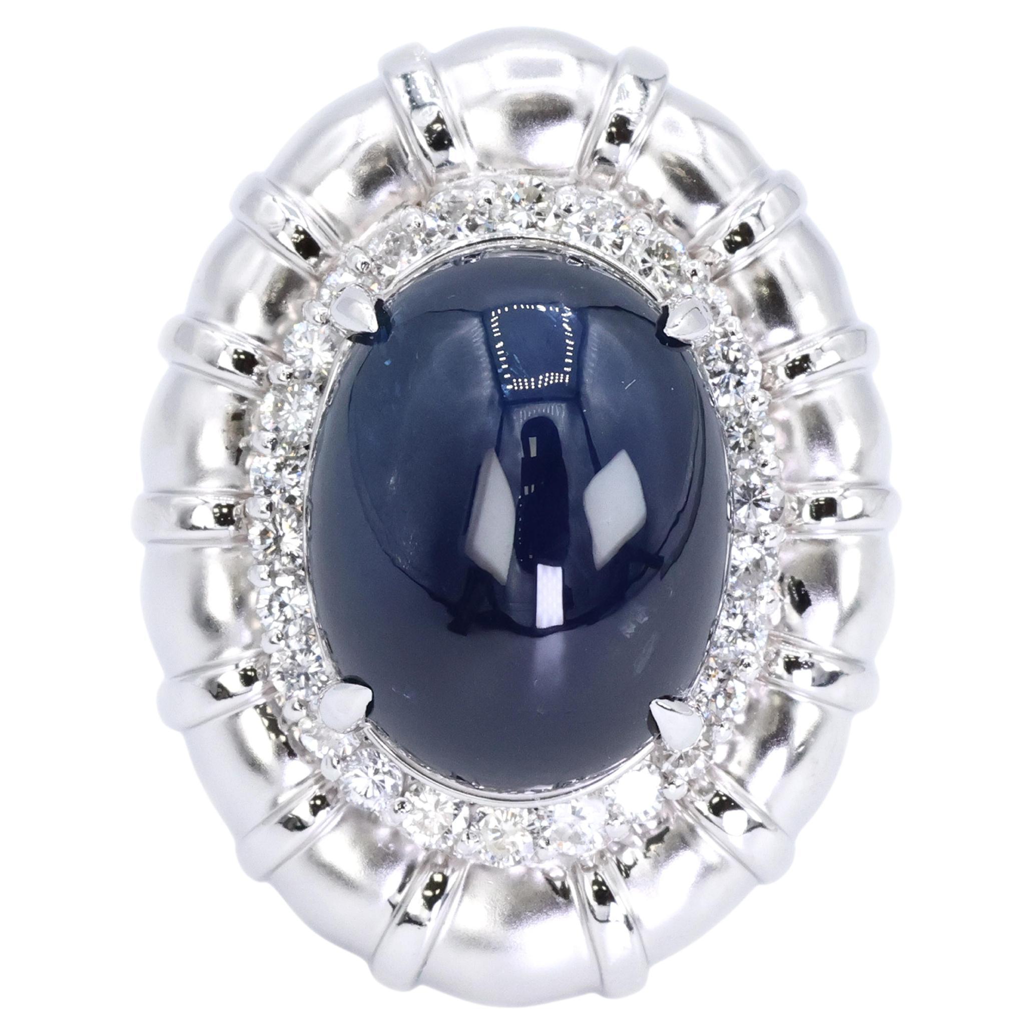 Bague en platine avec saphir bleu et diamant naturel Taille 6 Cocktail Glam