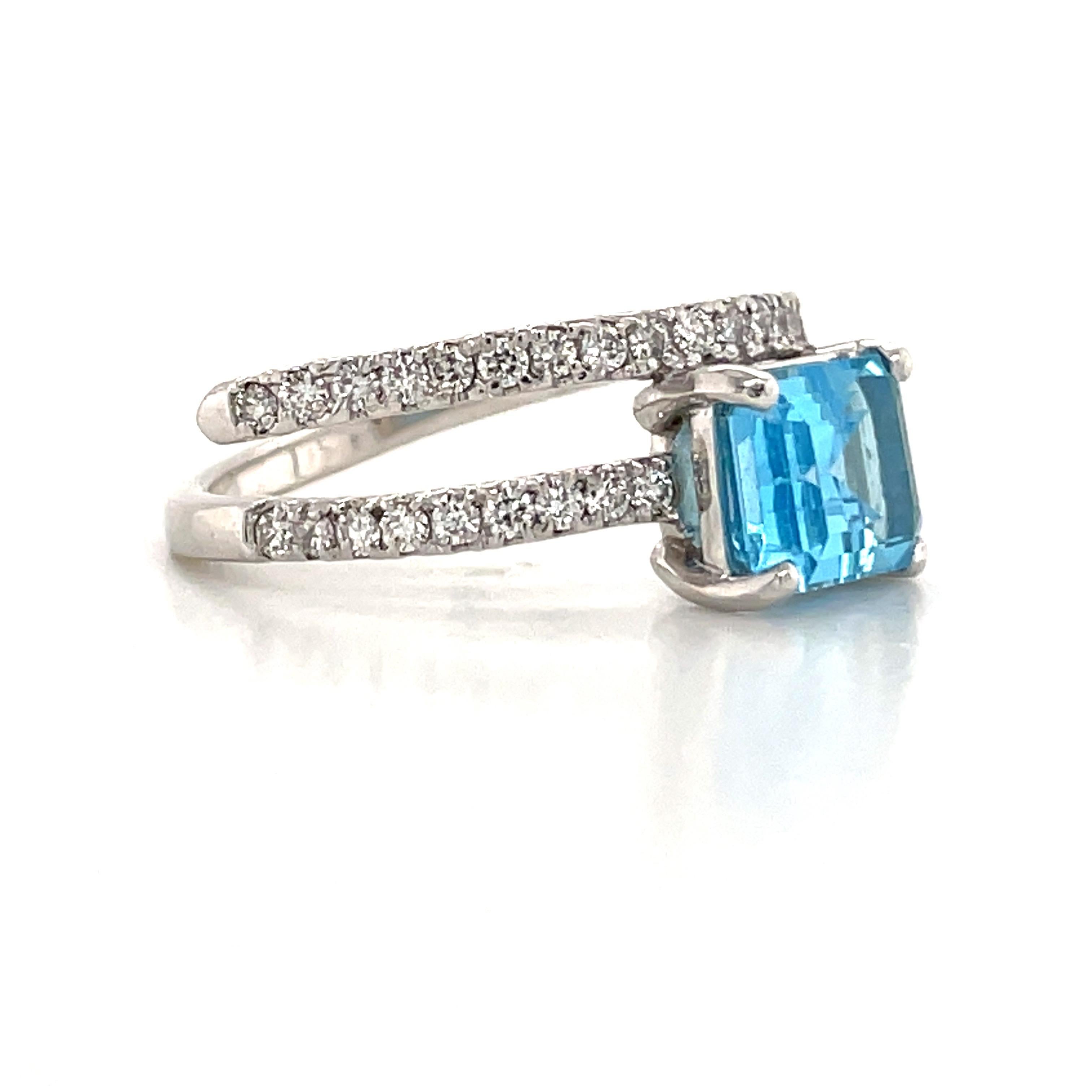 Emerald Cut Platinum Blue Topaz Diamond Crossover Ring 1.31 Carats