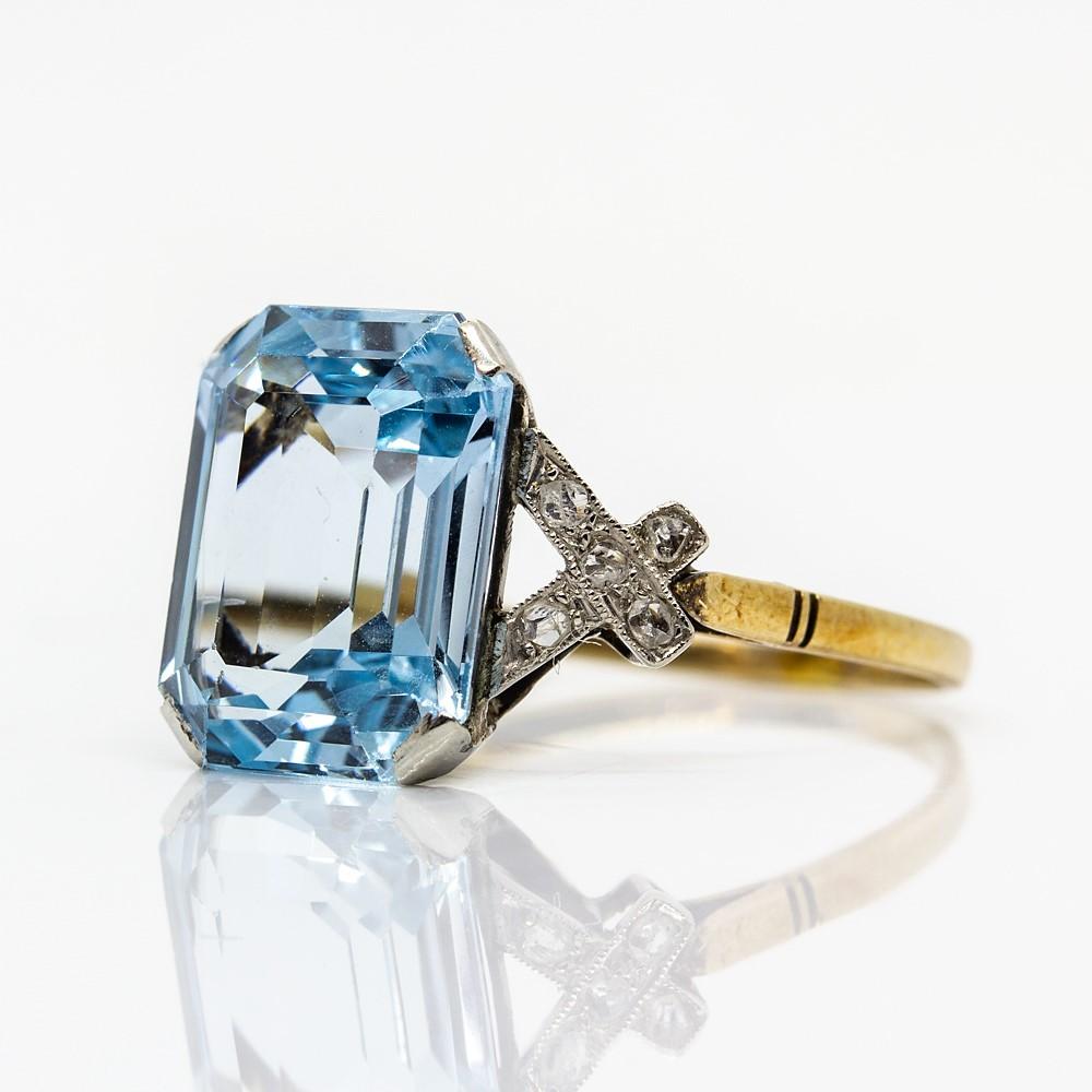 Art Deco Platinum Blue Topaz and Diamonds Ring