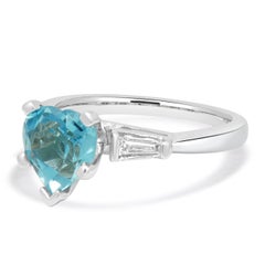 Platinum Blue Topaz Heart Ring W/ Tapered Baguette Diamonds