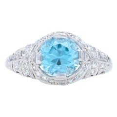 Platinum Blue Zircon Diamond Art Deco Ring Round 2.74 Carat Vintage Engagement