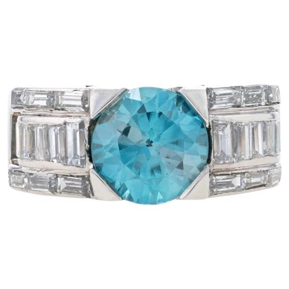 Bague en platine avec zircon bleu et diamants - rond 4,20 ctw Taille 5 en vente
