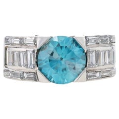 Bague en platine avec zircon bleu et diamants - rond 4,20 ctw Taille 5
