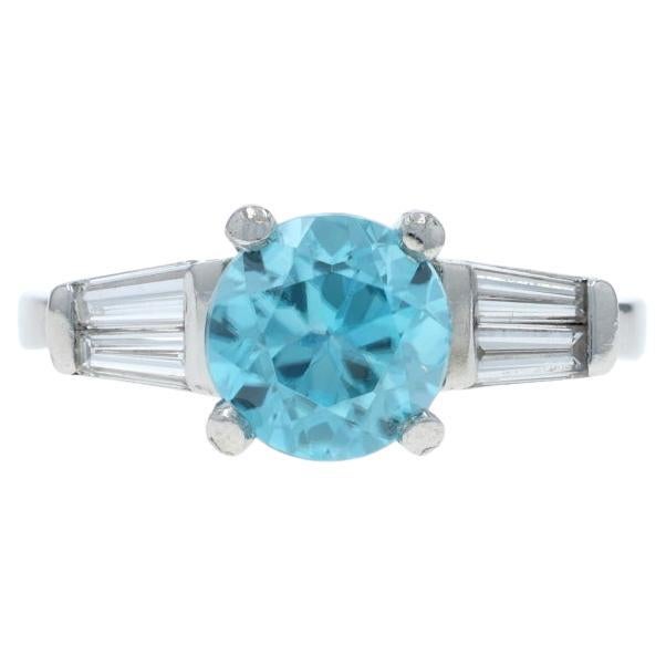 Platinum Blue Zircon Diamond Vintage Ring - 950 Round 3.05ctw