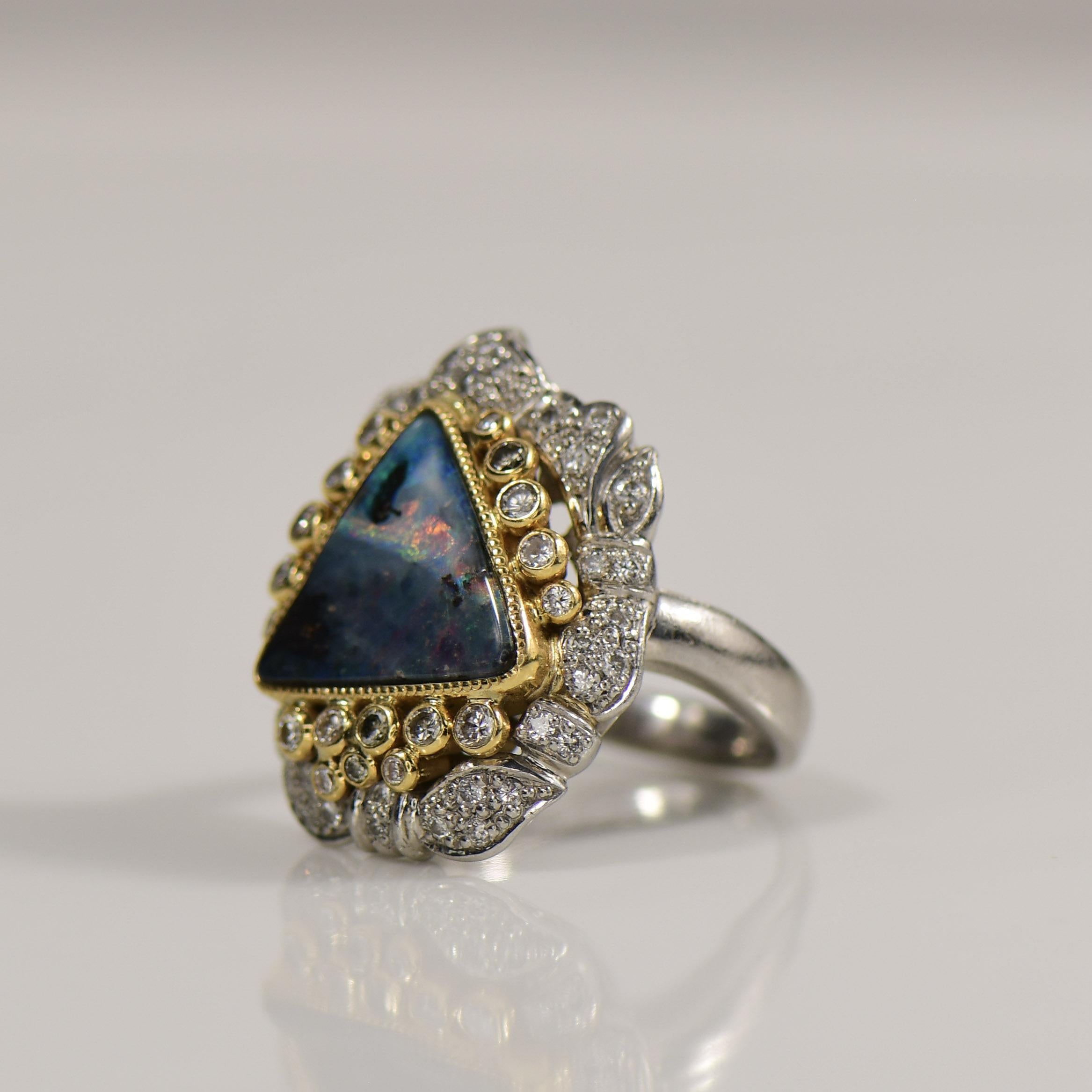 Brilliant Cut Platinum Boulder Opal and Diamond Ring with 18K Accent