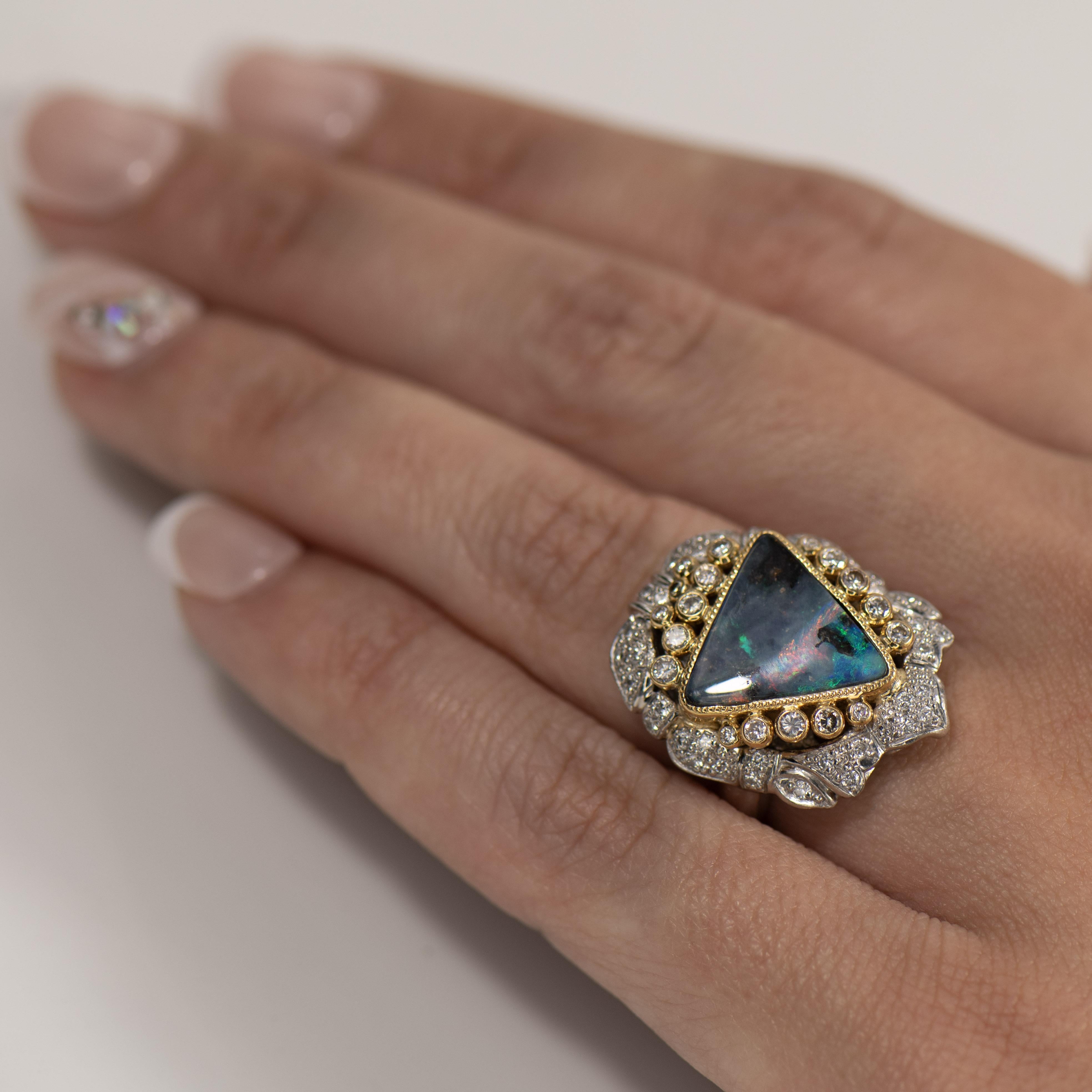 Platinum Boulder Opal and Diamond Ring with 18K Accent For Sale 2