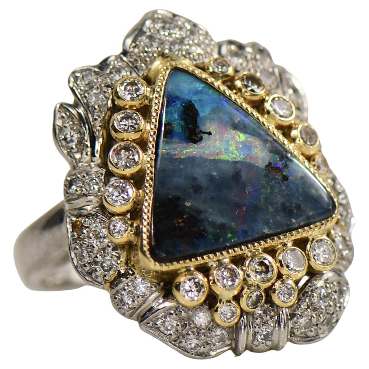 Platinum Boulder Opal and Diamond Ring with 18K Accent For Sale