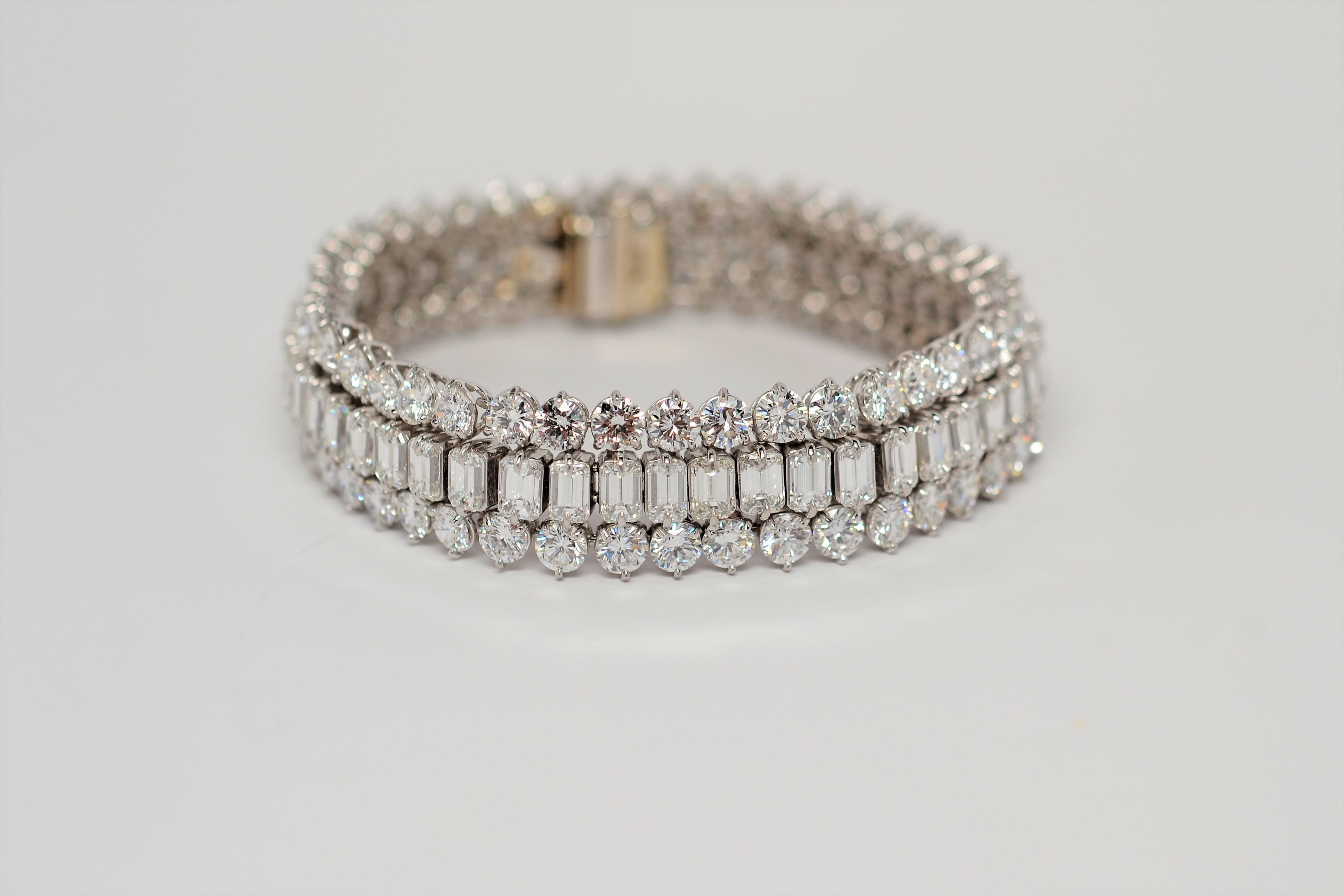 Women's Platinum Bracelet Set with Emerald Cut & Round Brilliant Cut Diamonds, 34.50ct For Sale