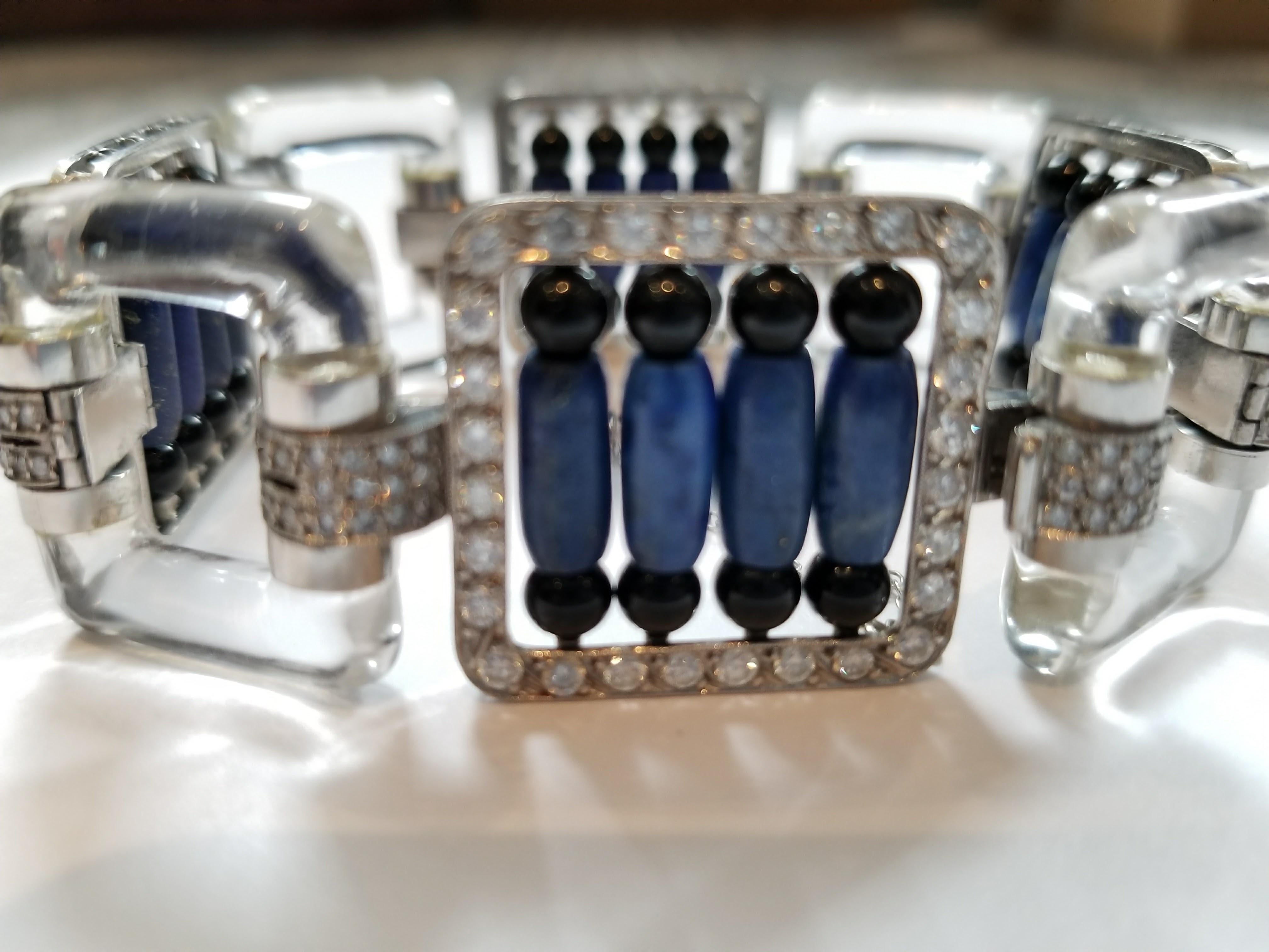 Platinum Bracelet with Diamonds, Lapis Lazuli, Crystal and Black Enamel In Excellent Condition In New York, NY