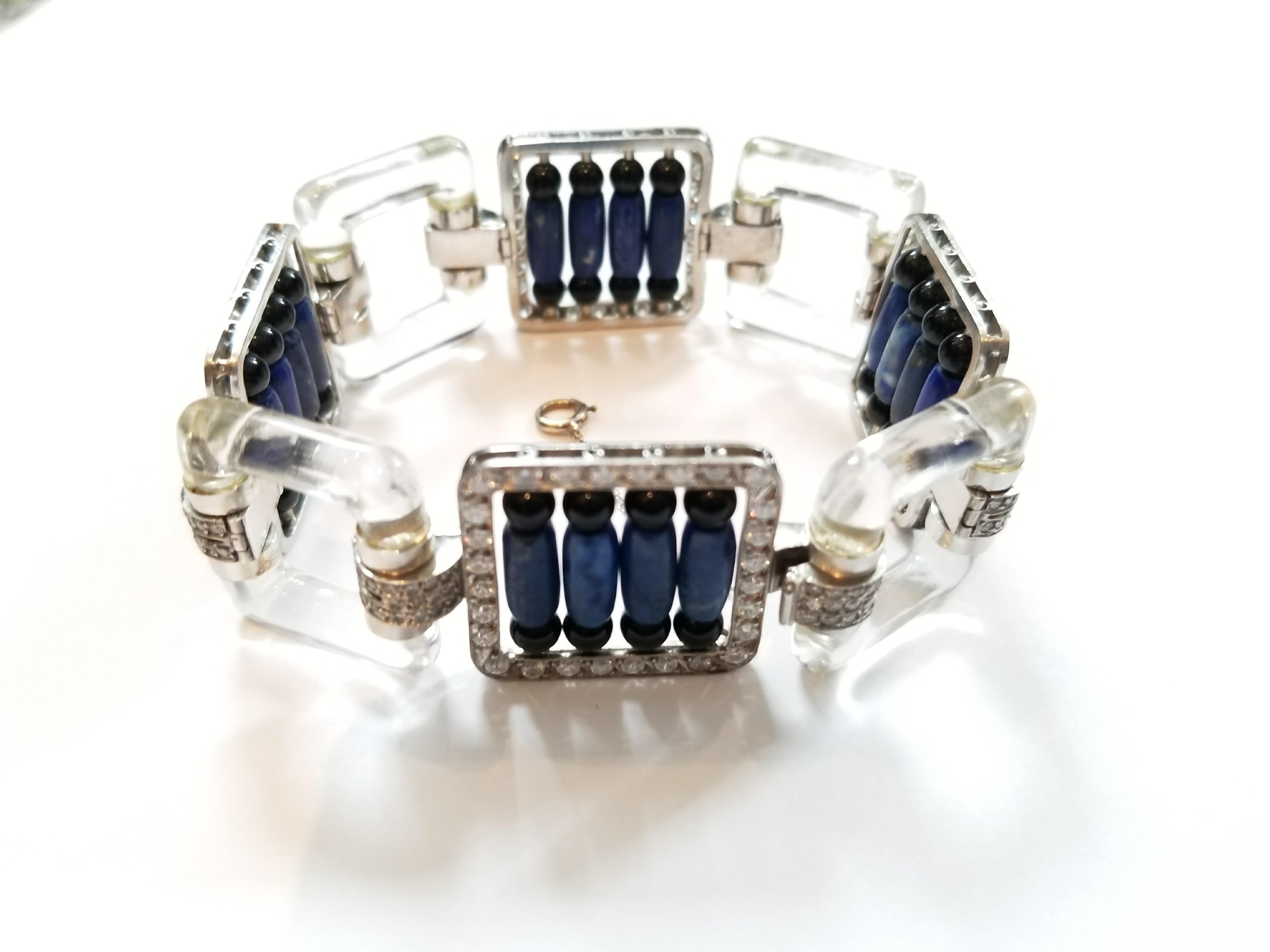 Women's Platinum Bracelet with Diamonds, Lapis Lazuli, Crystal and Black Enamel