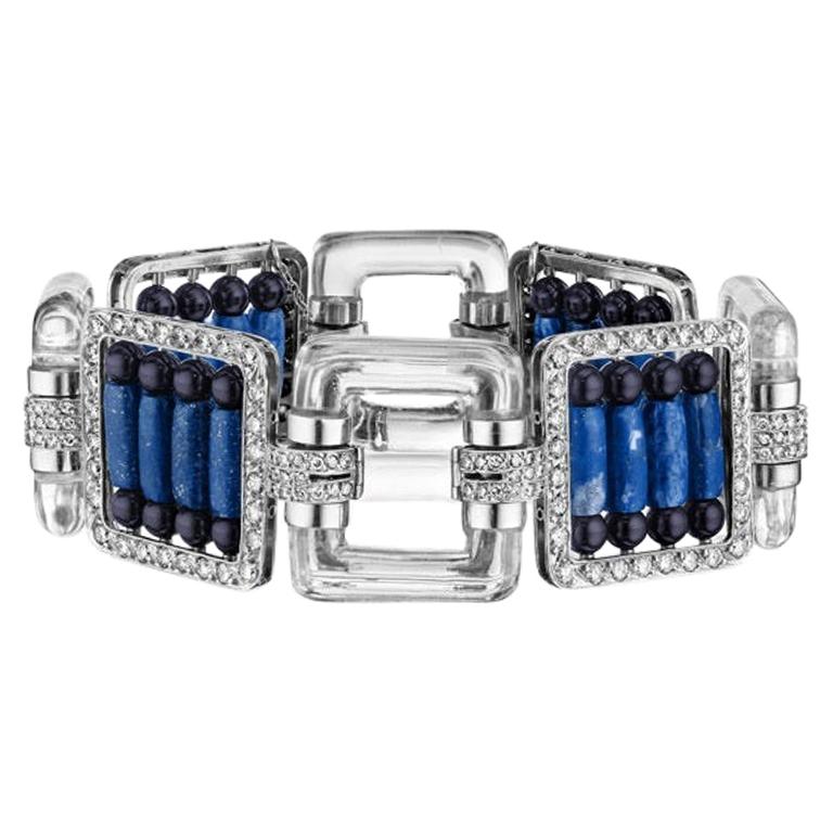 Platinum Bracelet with Diamonds, Lapis Lazuli, Crystal and Black Enamel