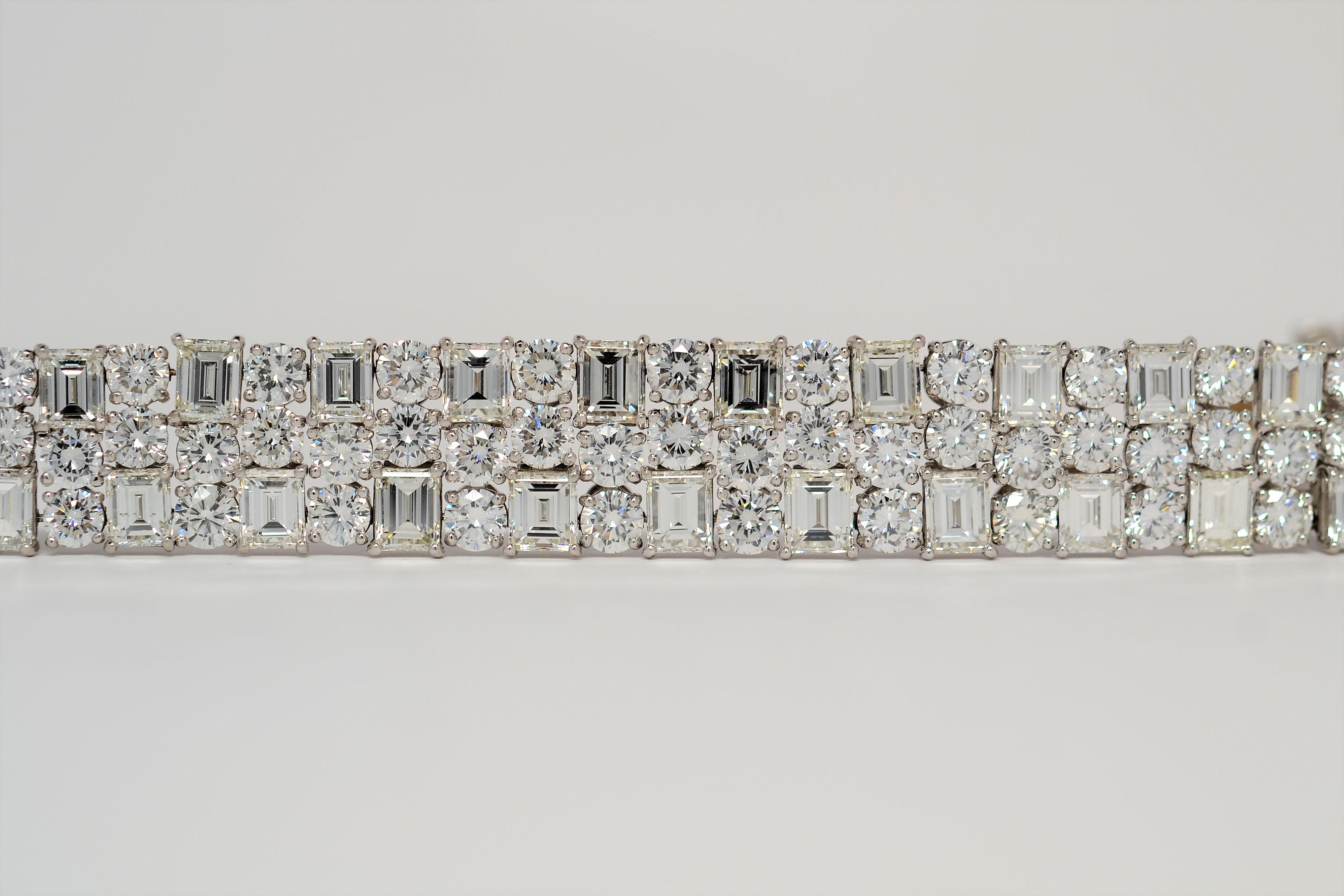 Women's Platinum Bracelet with Emerald Cut & Round Brilliant Cut Diamonds, 53.61 Carats For Sale