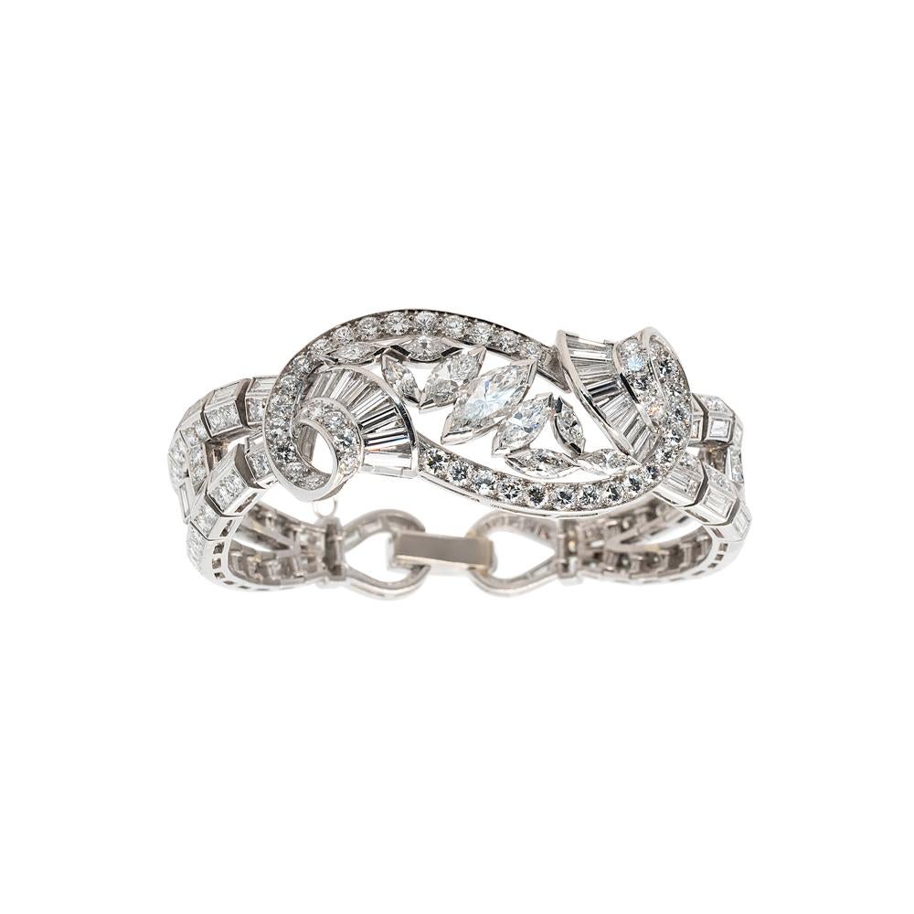 Platinum Bracelet With Natural Mixed Cut Diamonds And Center Marquise For Sale 3