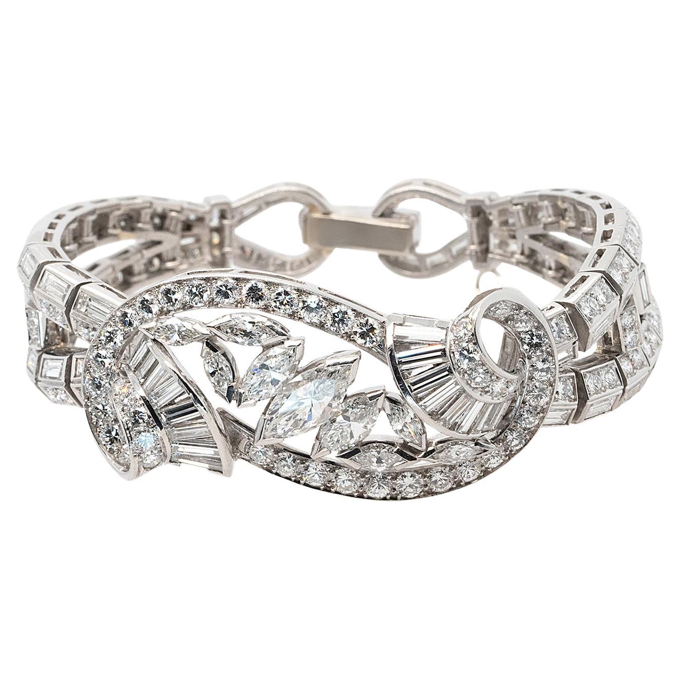 Platinum Bracelet With Natural Mixed Cut Diamonds And Center Marquise For Sale