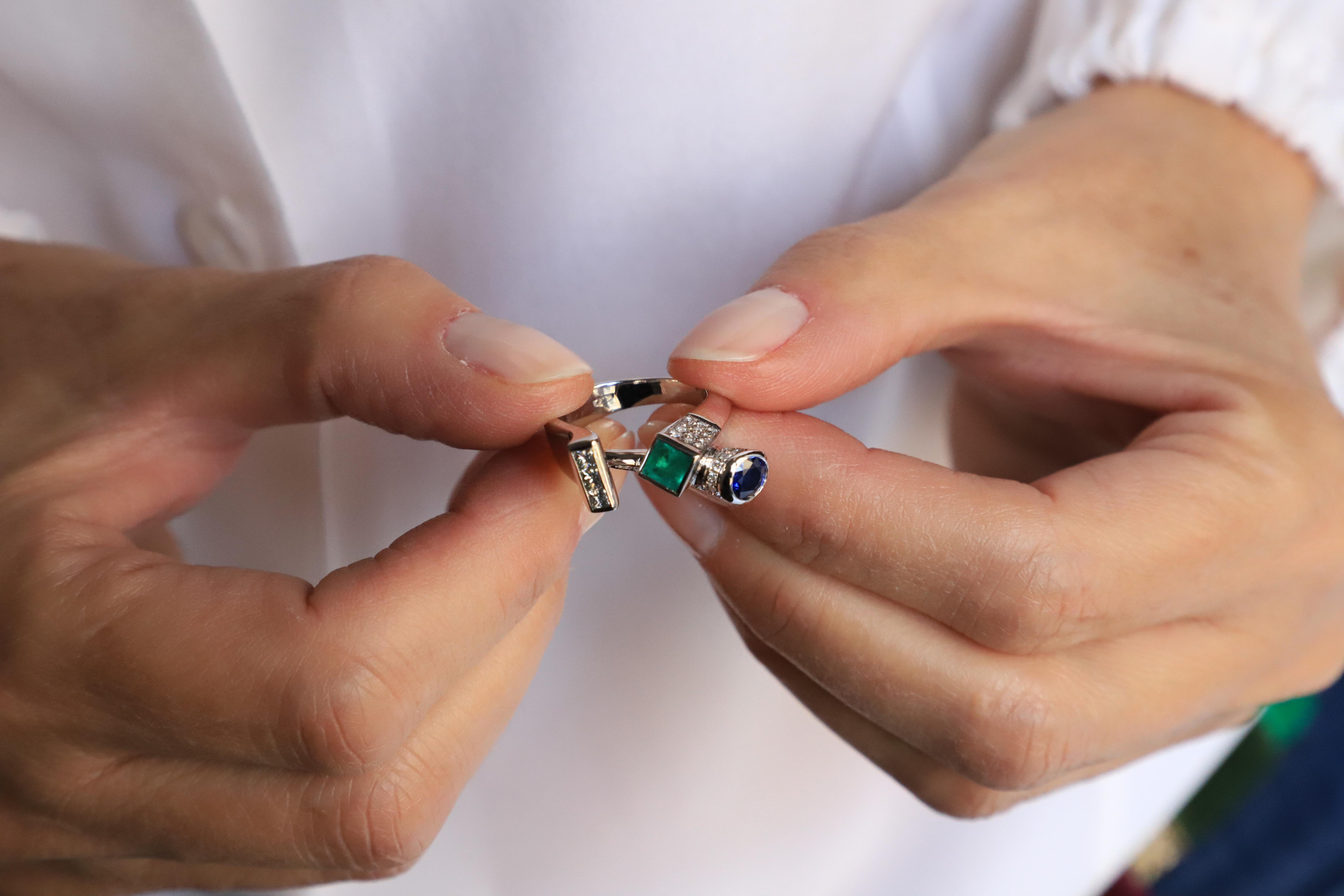 Women's or Men's Platinum Brilliant Cut Diamond Sapphire Emerald Contemporary Design Ring For Sale