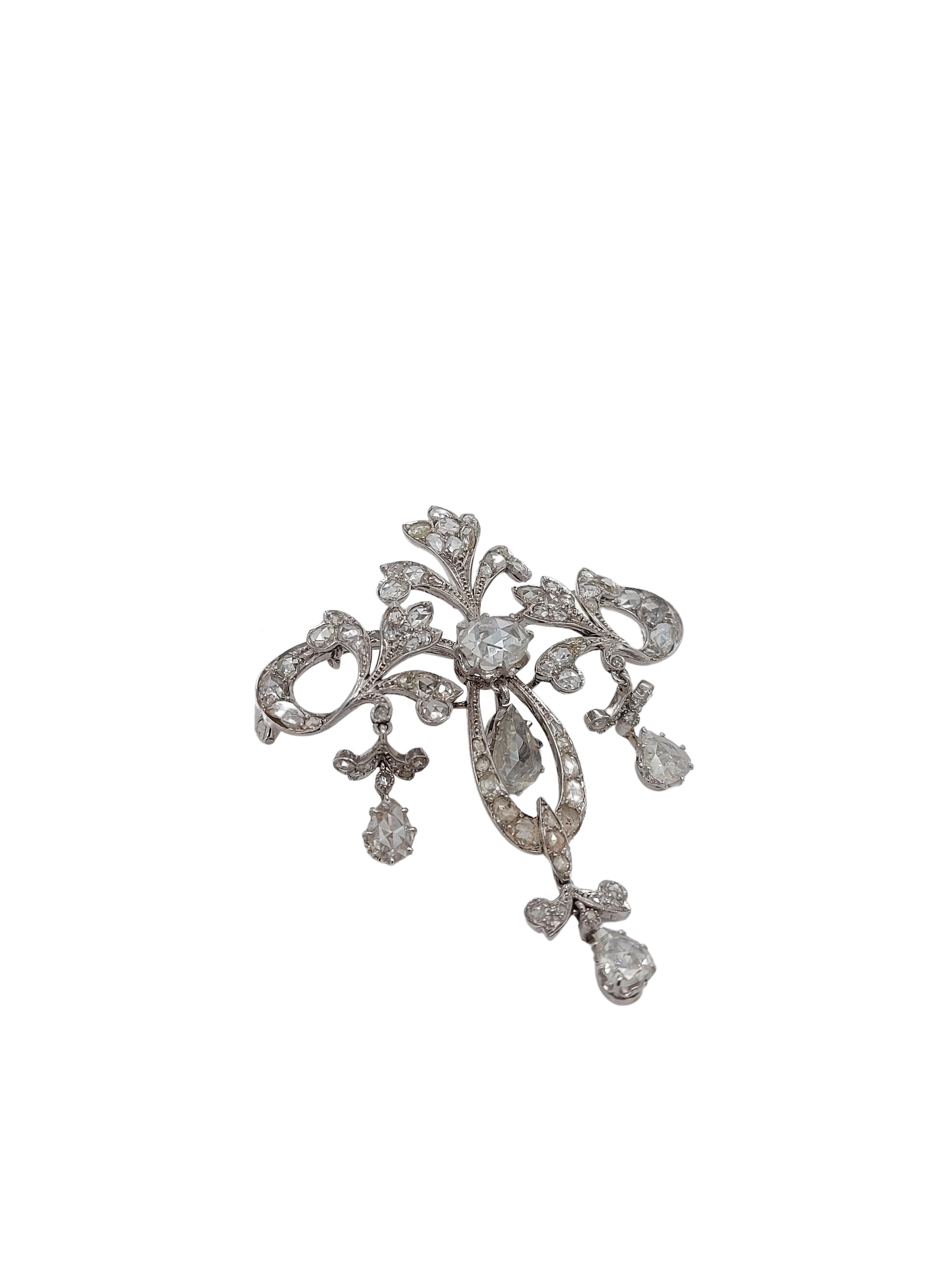 Platinum Brooch / Necklace with Rose Cut Diamonds For Sale 5