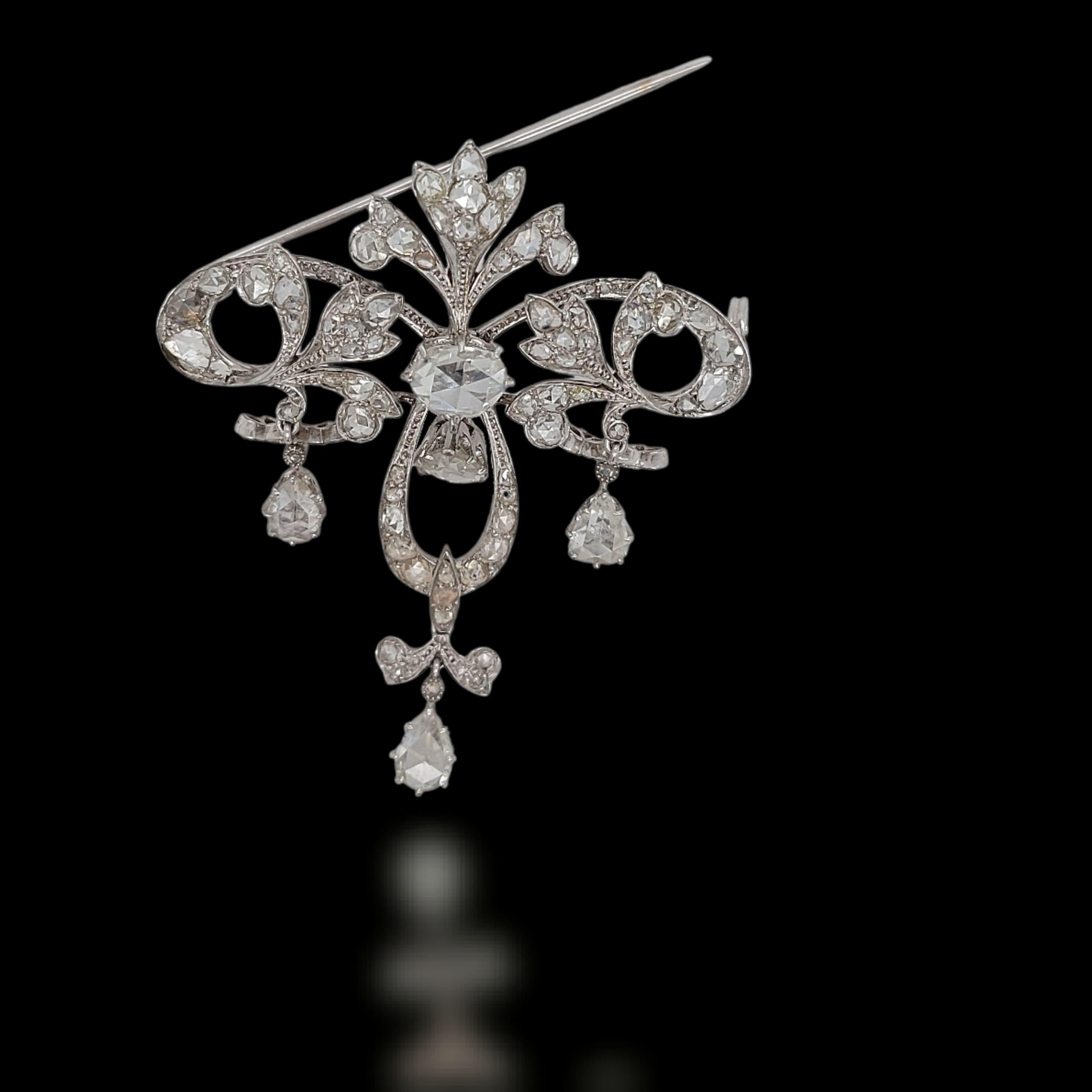 Platinum Brooch / Necklace with Rose Cut Diamonds For Sale 6